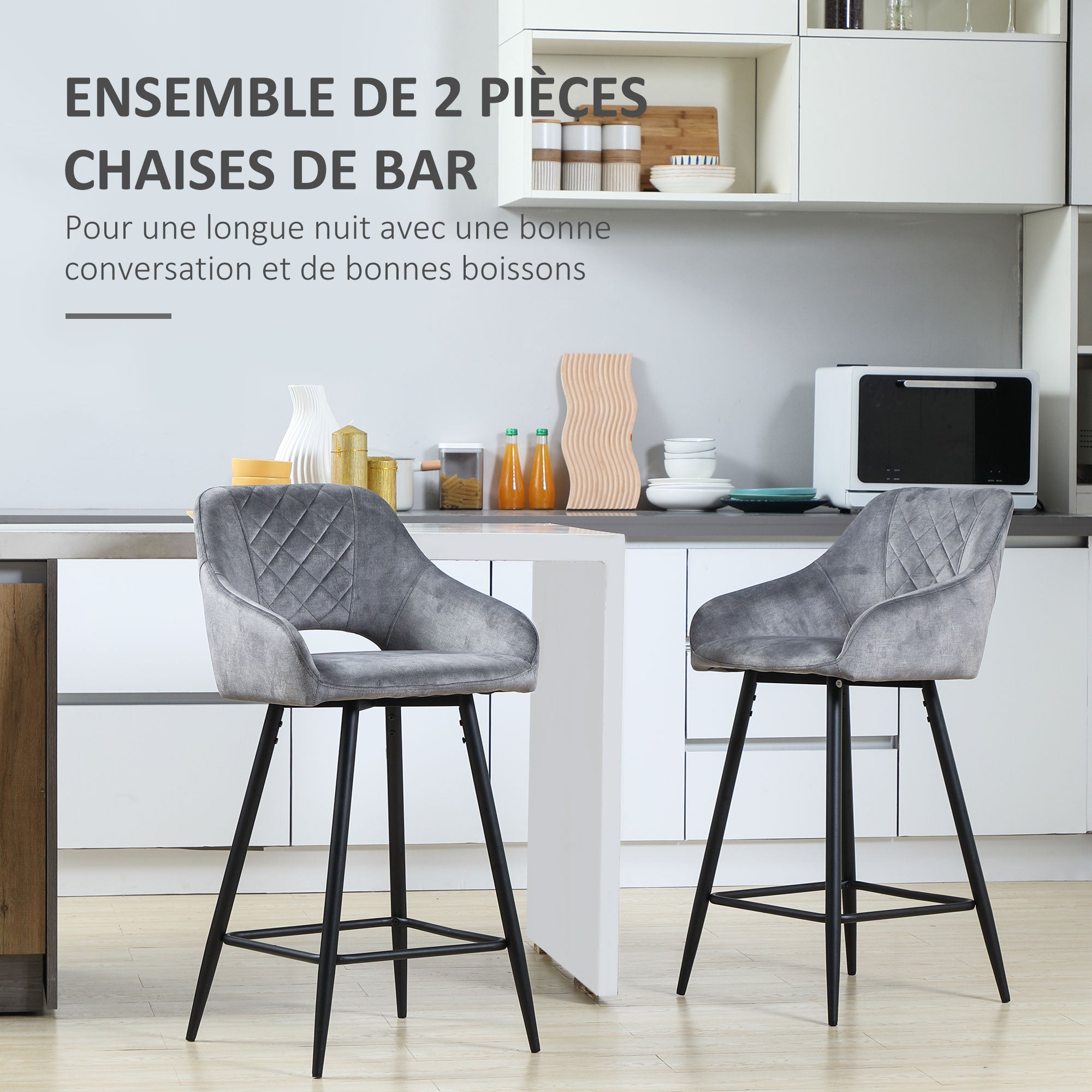 Lot de 2 Tabourets de Bar en Velours Chaises bar Hautes pieds en Métal Noir avec Repose-Pieds, accoudoirs Hauteur 67 cm - Gris