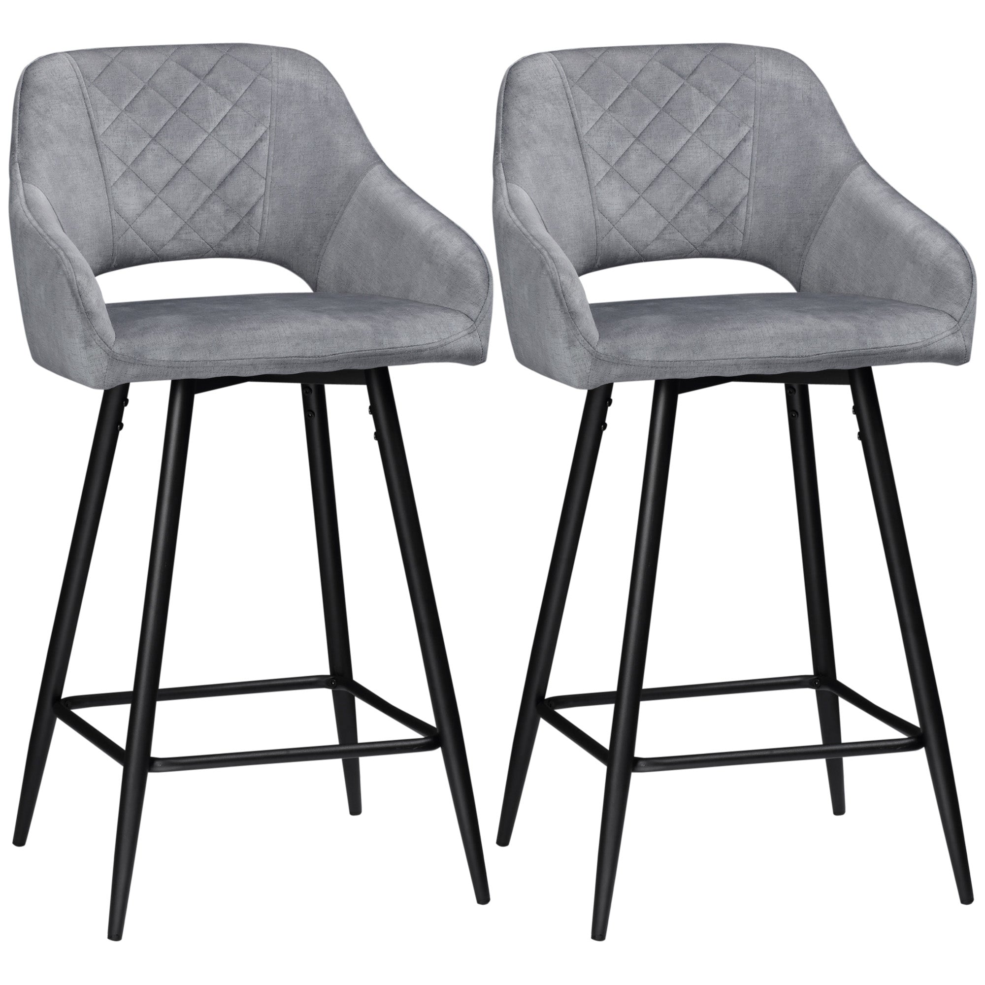 Lot de 2 Tabourets de Bar en Velours Chaises bar Hautes pieds en Métal Noir avec Repose-Pieds, accoudoirs Hauteur 67 cm - Gris