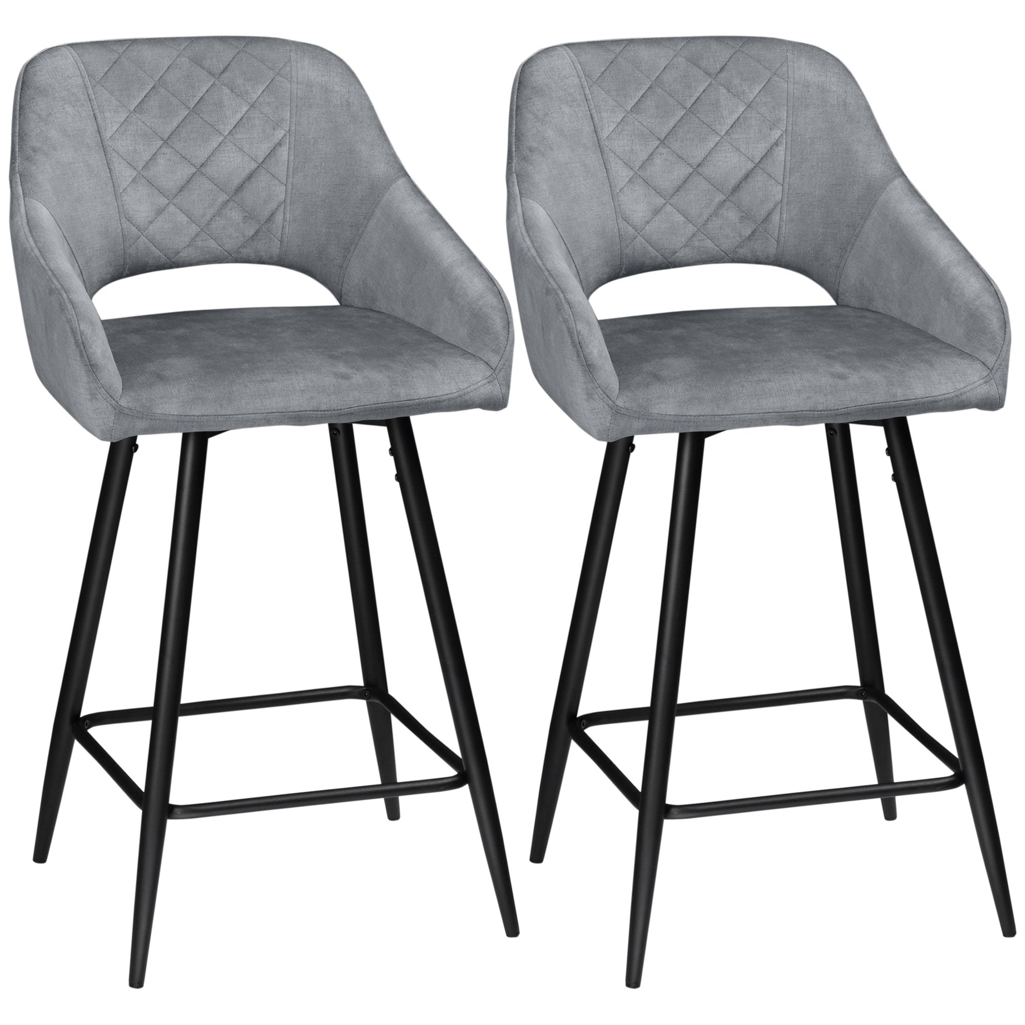 Lot de 2 Tabourets de Bar en Velours Chaises bar Hautes pieds en Métal Noir avec Repose-Pieds, accoudoirs Hauteur 67 cm - Gris