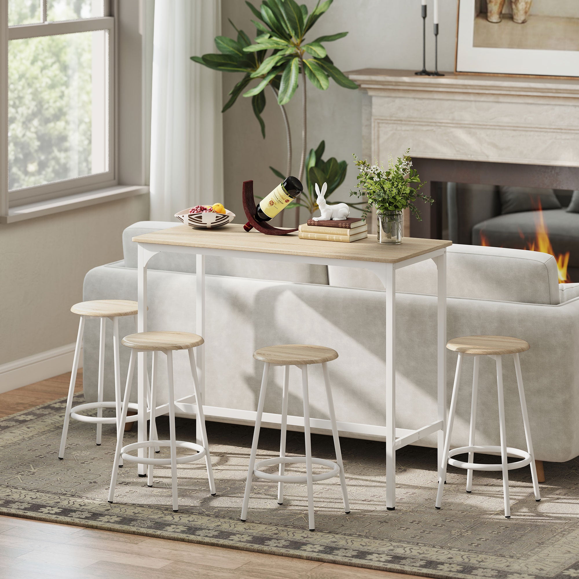 Ensemble table de bar bistrot avec 4 tabourets de bar, ensemble table haute cuisine et tabourets, avec repose-pieds, style moderne, structutre en métal, pour cuisine, salle à manger, naturel