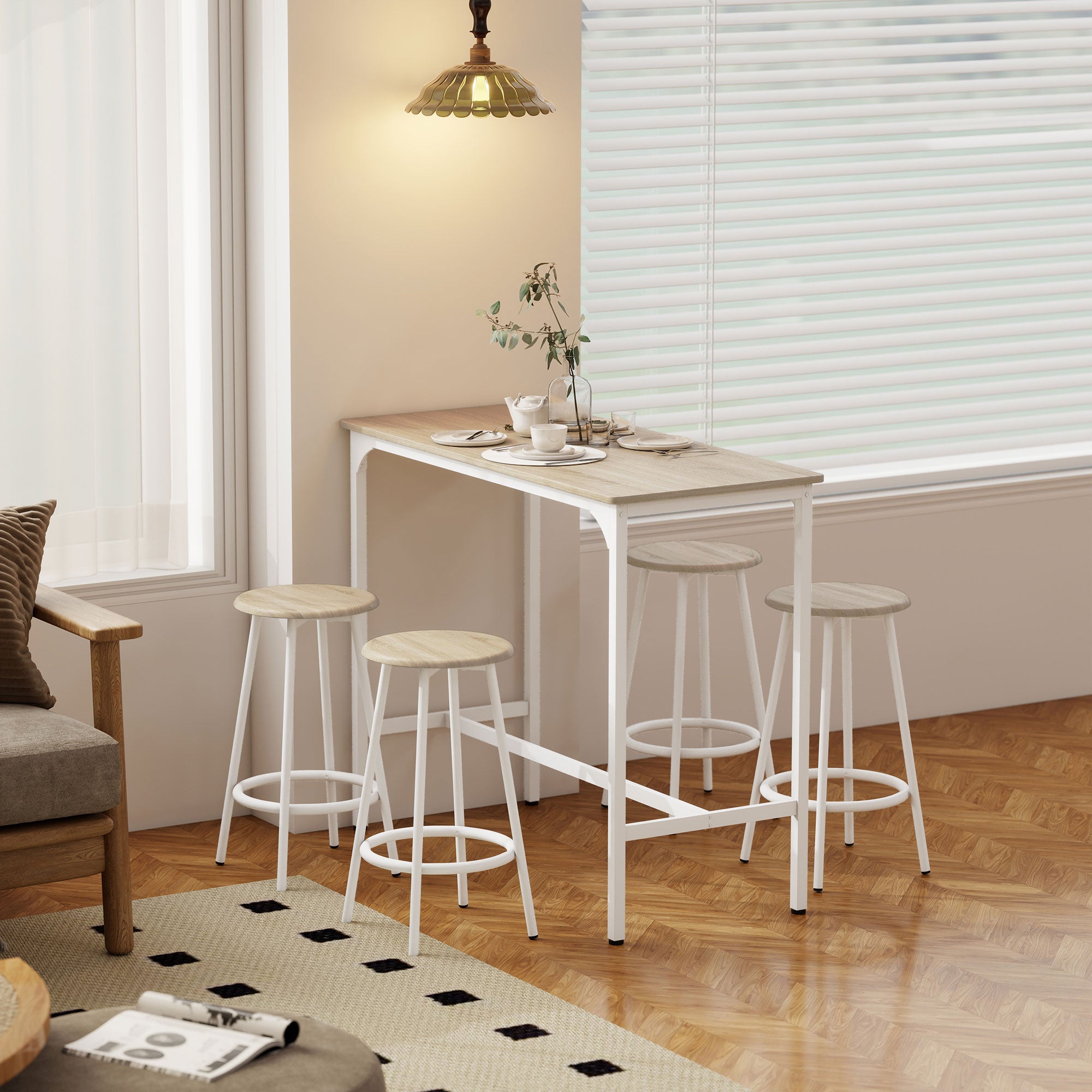 Ensemble table de bar bistrot avec 4 tabourets de bar, ensemble table haute cuisine et tabourets, avec repose-pieds, style moderne, structutre en métal, pour cuisine, salle à manger, naturel