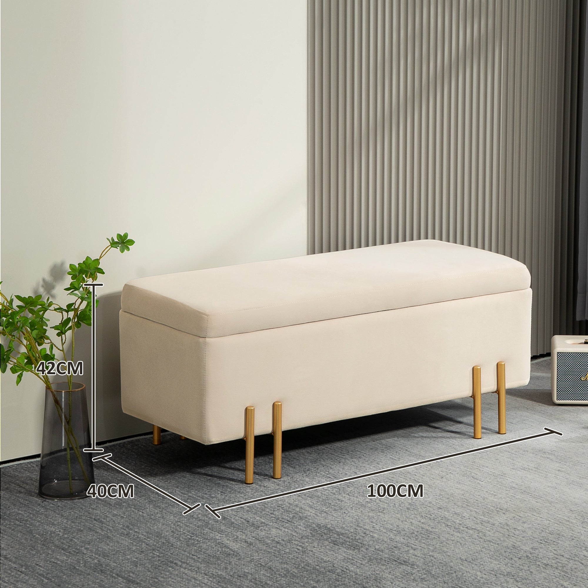 Banc de rangement coffre de rangement design contemporain- banc avec espace de stockage - dim. 100L x 40l x 42H cm - velours beige piètement métal doré