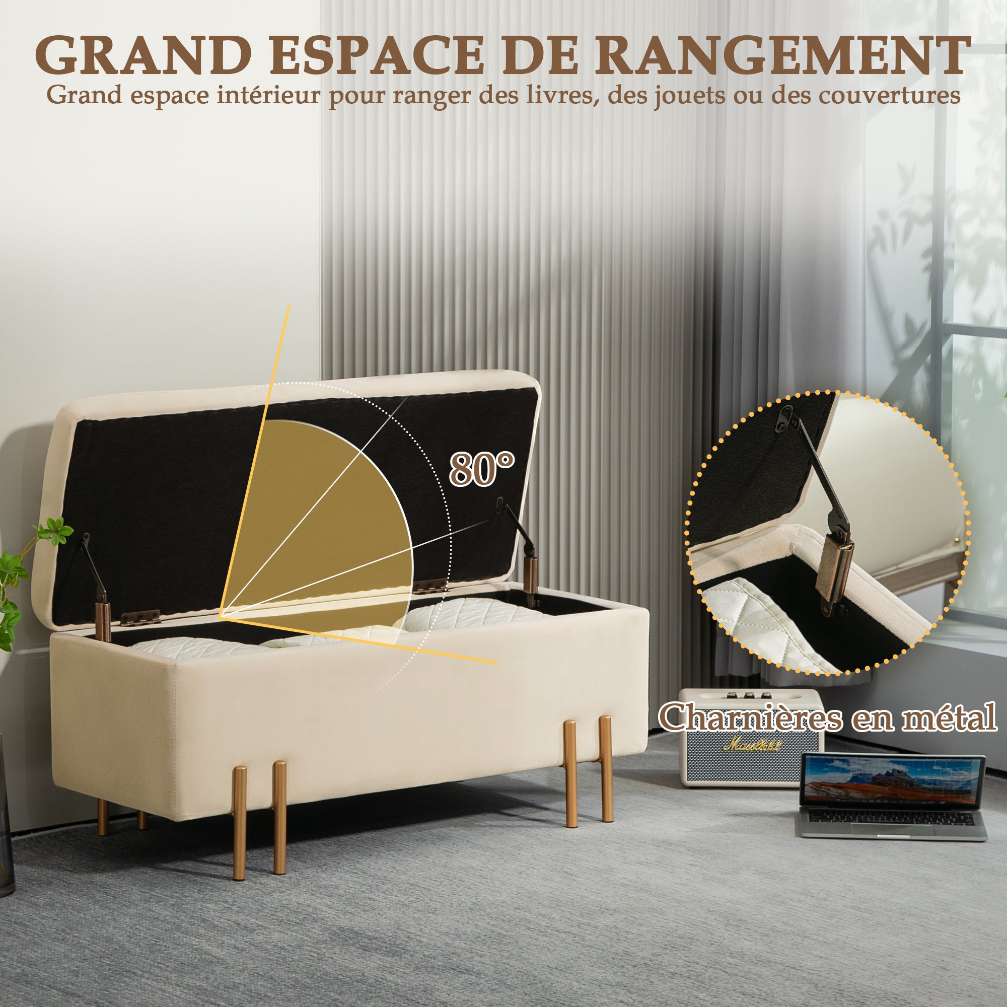 Banc de rangement coffre de rangement design contemporain- banc avec espace de stockage - dim. 100L x 40l x 42H cm - velours beige piètement métal doré