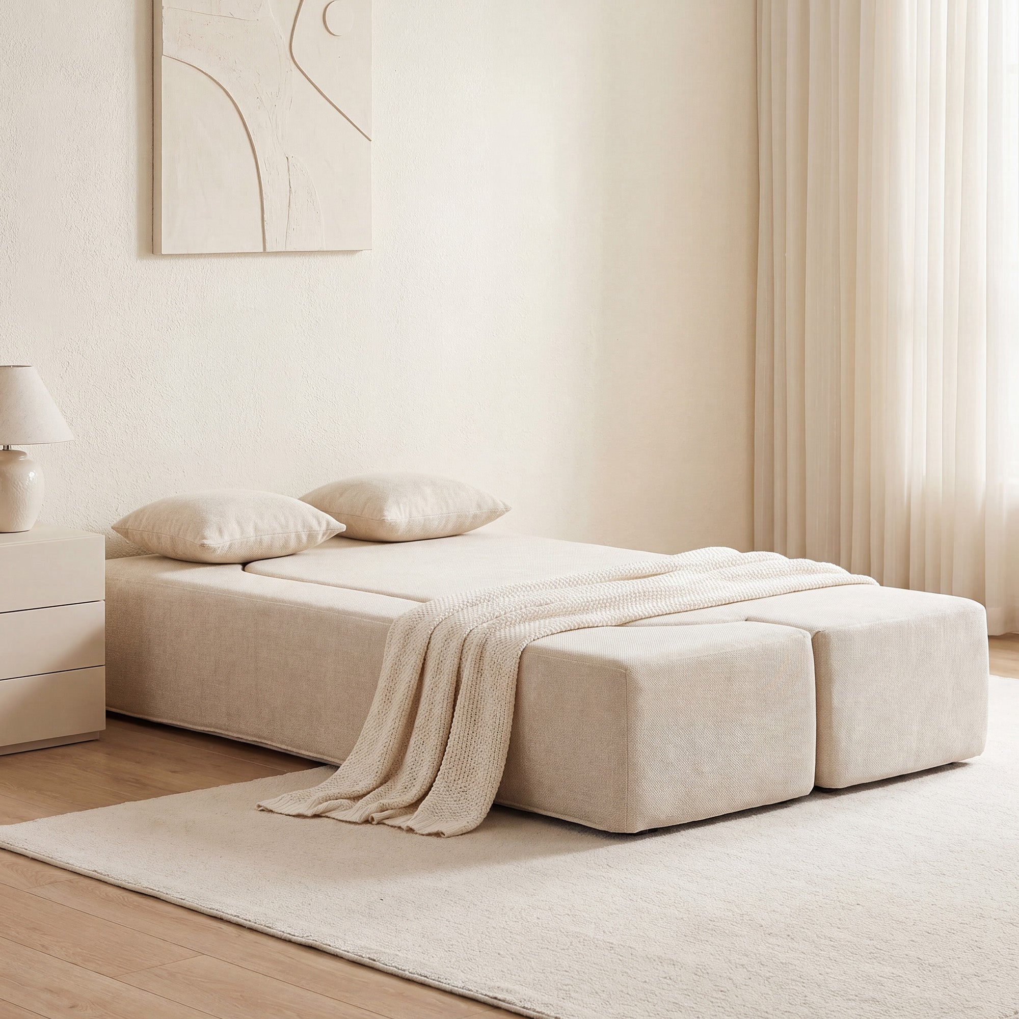 Canapé Convertible 2 Places, Canapé-Lit en Chenille 190cm, Dossier Rabattable, Assise et Accoudoirs Larges, 2 Oreillers, Entièrement Compressé Pas d'Assemblage, pour Salon, Chambre, Beige