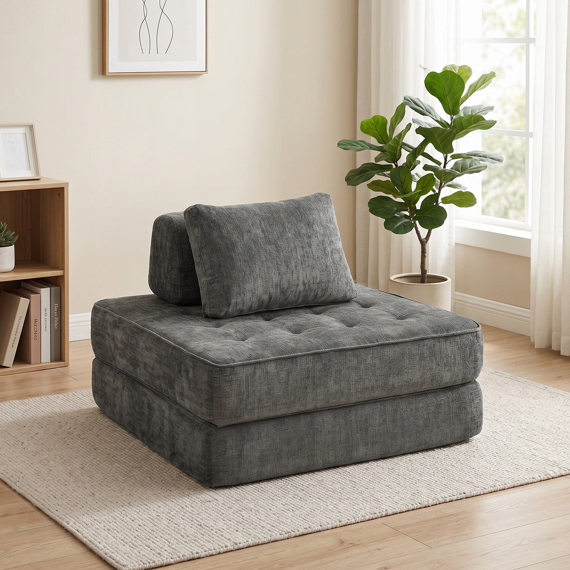 Canapé-Lit Pliant 2 en 1 Chauffeuse 1 Place Convertible en Chenille Matelas Pliable Coussin Épais Dossier et Oreiller Entièrement Compressé Aucun Assemblage Requis pour Salon Chambre Gris