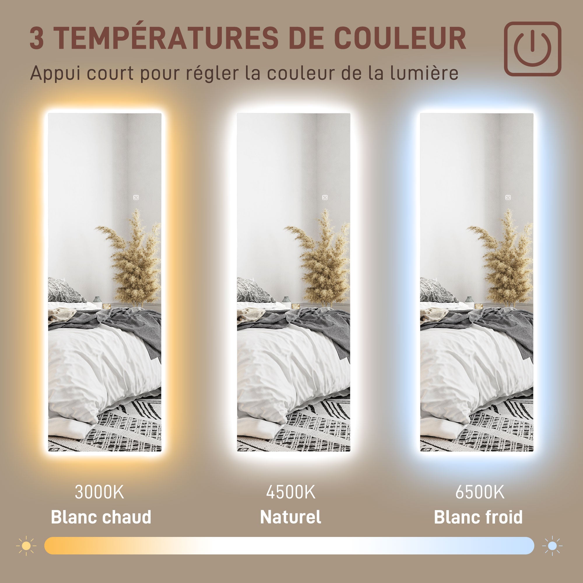 Grand miroir mural 120 x 40 cm avec éclairage LED miroir rectangulaire sans carde, anti-déflagrante, intensité variable et 3 couleurs d'éclairage, pour salon et chambre à coucher, transparent