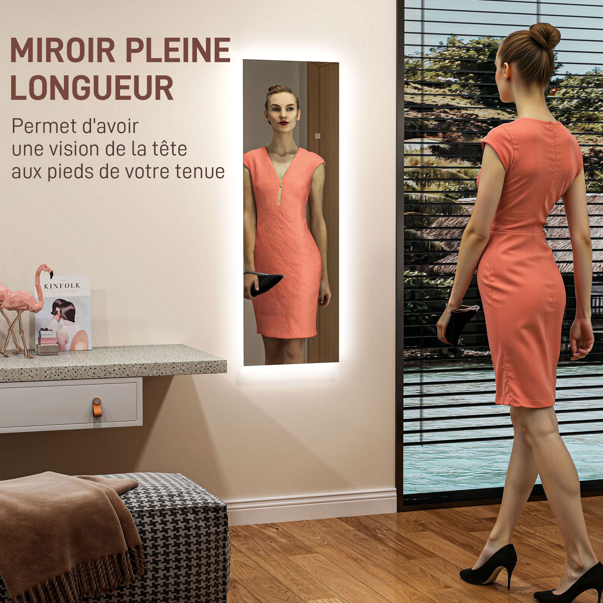 Grand miroir mural 120 x 40 cm avec éclairage LED miroir rectangulaire sans carde, anti-déflagrante, intensité variable et 3 couleurs d'éclairage, pour salon et chambre à coucher, transparent