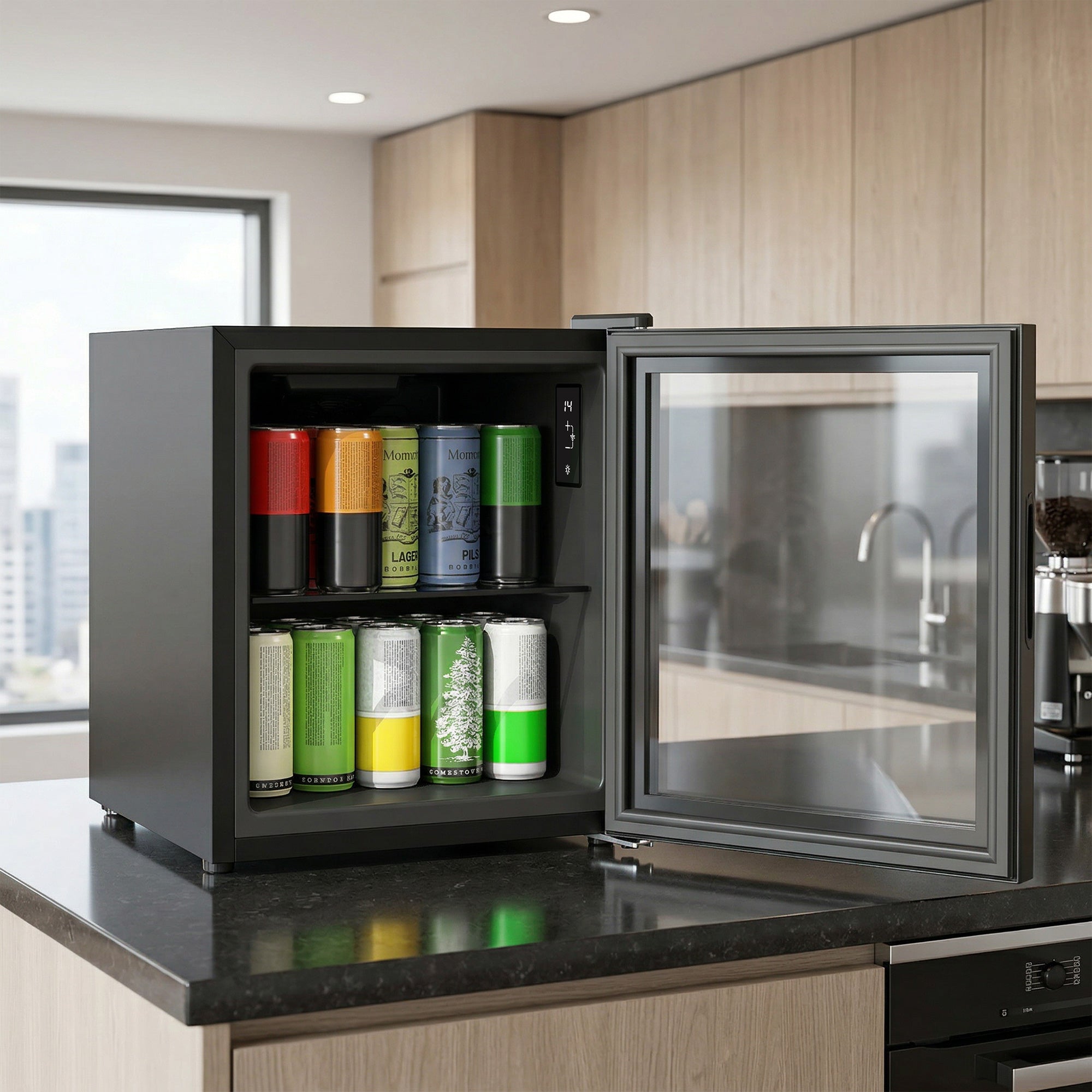 Réfrigérateur à Boissons 46L 59 Canettes, Petit Frigo Silencieux Pose Libre avec Porte en Verre Trempé Double, Étagère en Verre, Éclairage LED, Écran Tactile, pour Chambre Bureau Dortoir, Noir