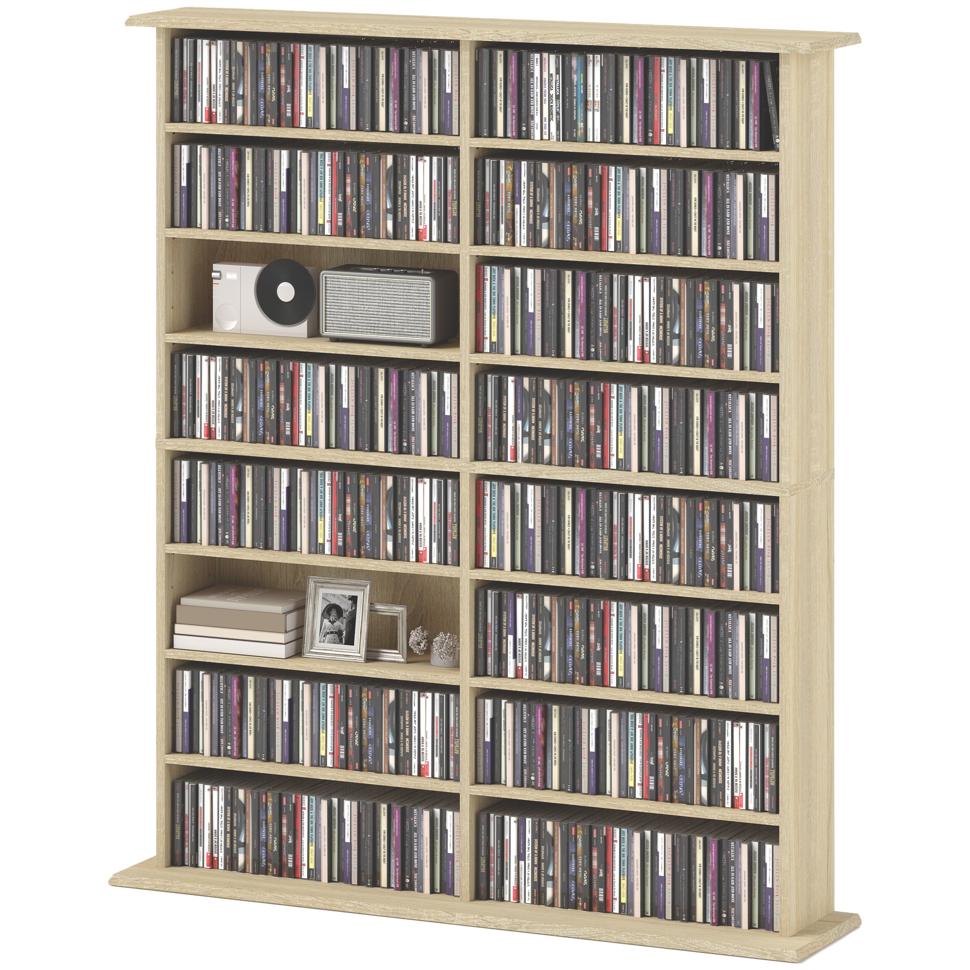 Rangements pour CD et DVD, meuble de rangement multimédia avec 16 compartiments et 12 étagères réglables, capacité max. 720 CD/396 DVD et Blu-ray, 106,5 x 24 x 126,3 cm, bois naturel