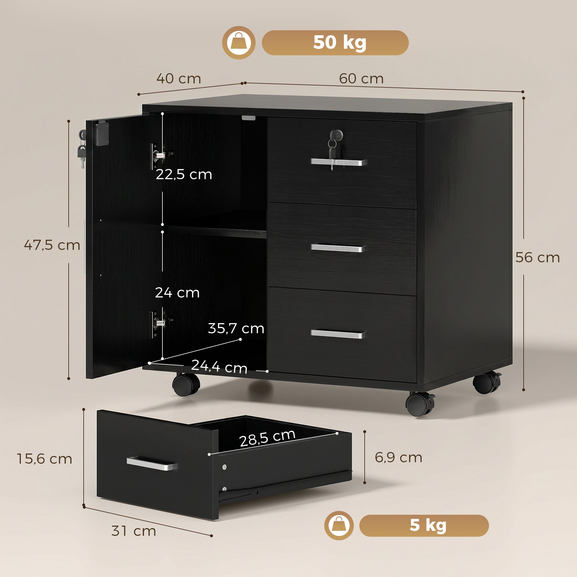 Caisson bureau meuble de rangement avec 3 tiroirs et étagère réglable, armoire rangement bureau verrouillable avec roulettes, dim. 40 x 60 x 56 cm, noir