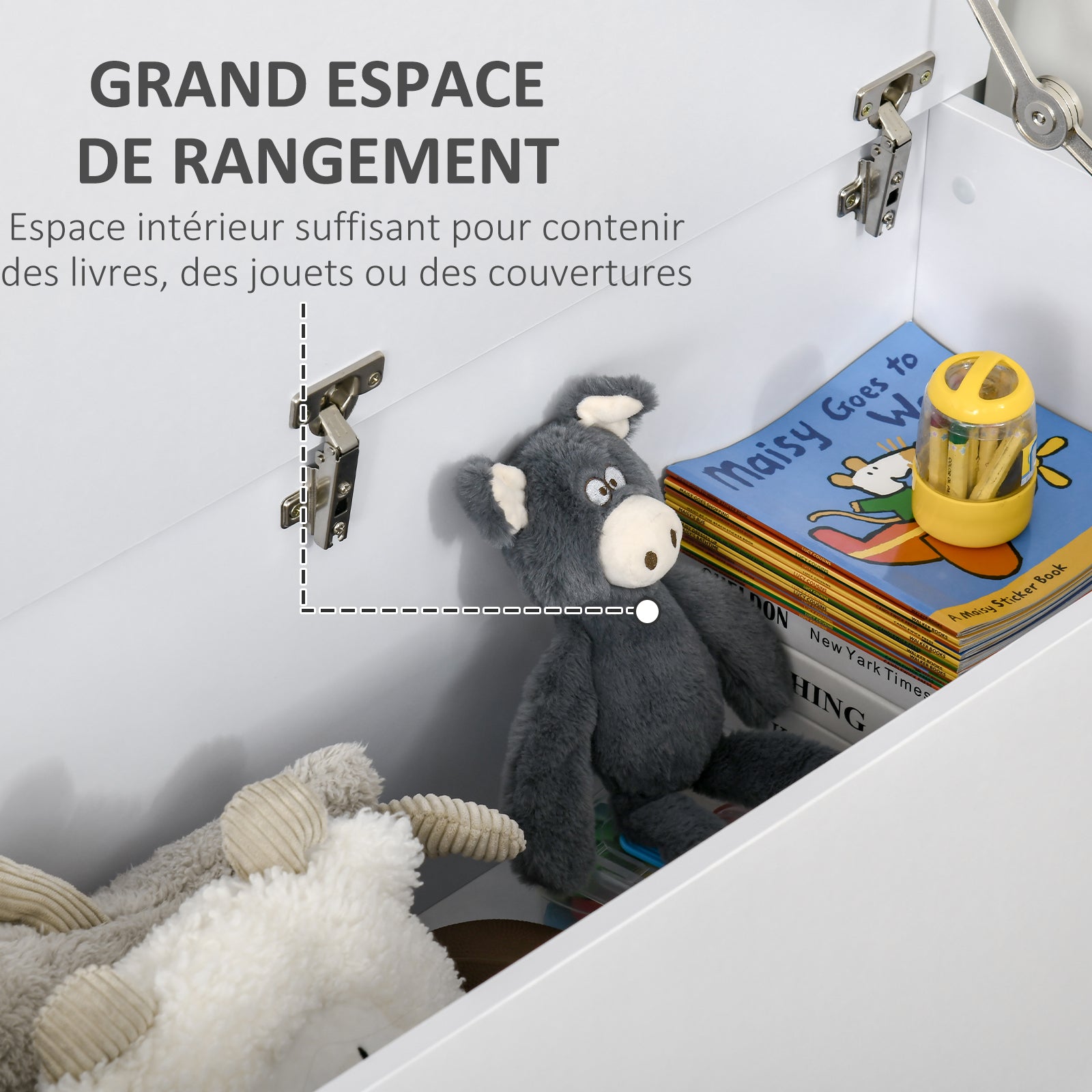 Coffre de rangement, banc de rangement avec couvercle rabattable et charnières de sécurité, banc chaussures, meuble d'entrée, couloir, chambre, salon, 100 x 40 x 40 cm, blanc