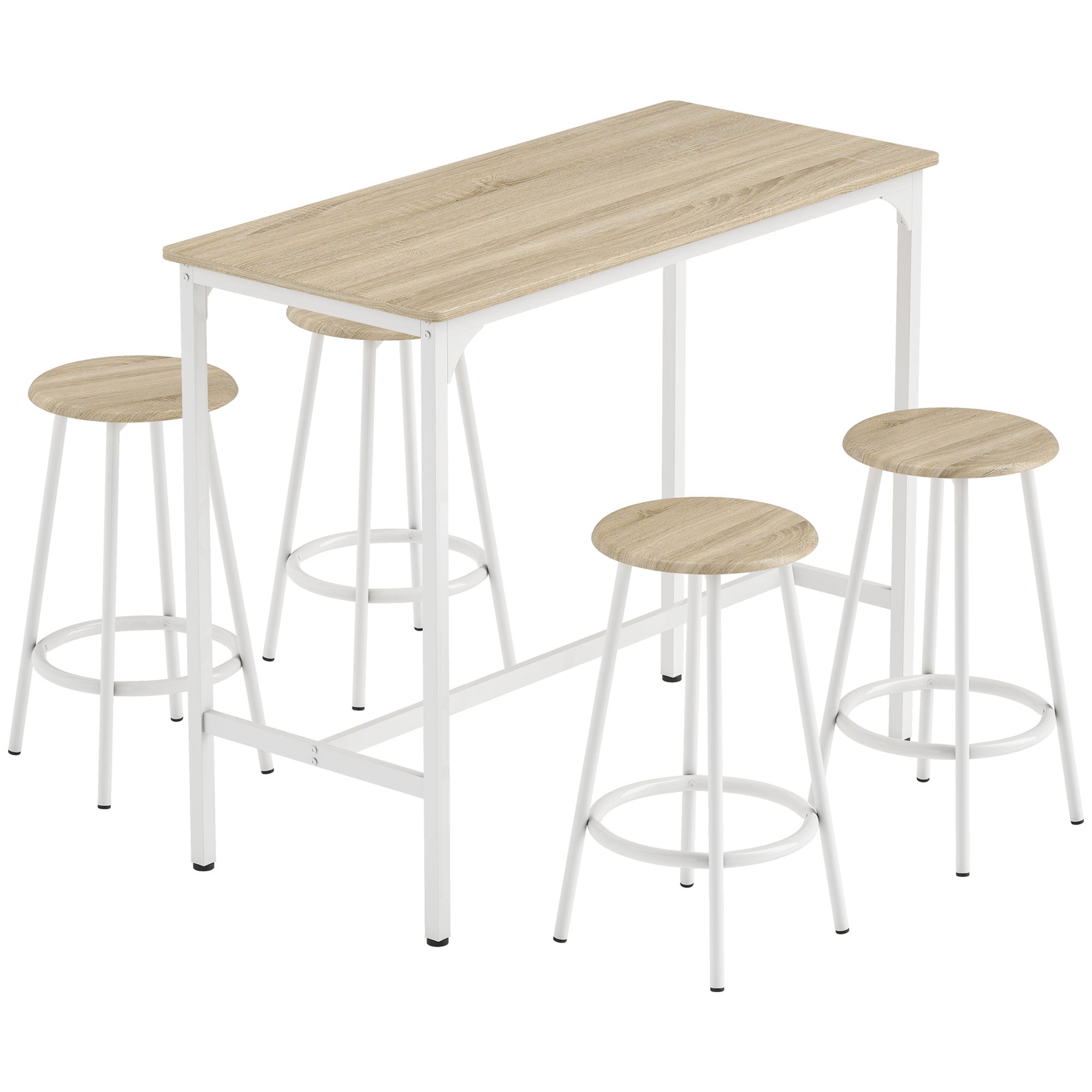 Ensemble table de bar bistrot avec 4 tabourets de bar, ensemble table haute cuisine et tabourets, avec repose-pieds, style moderne, structutre en métal, pour cuisine, salle à manger, naturel