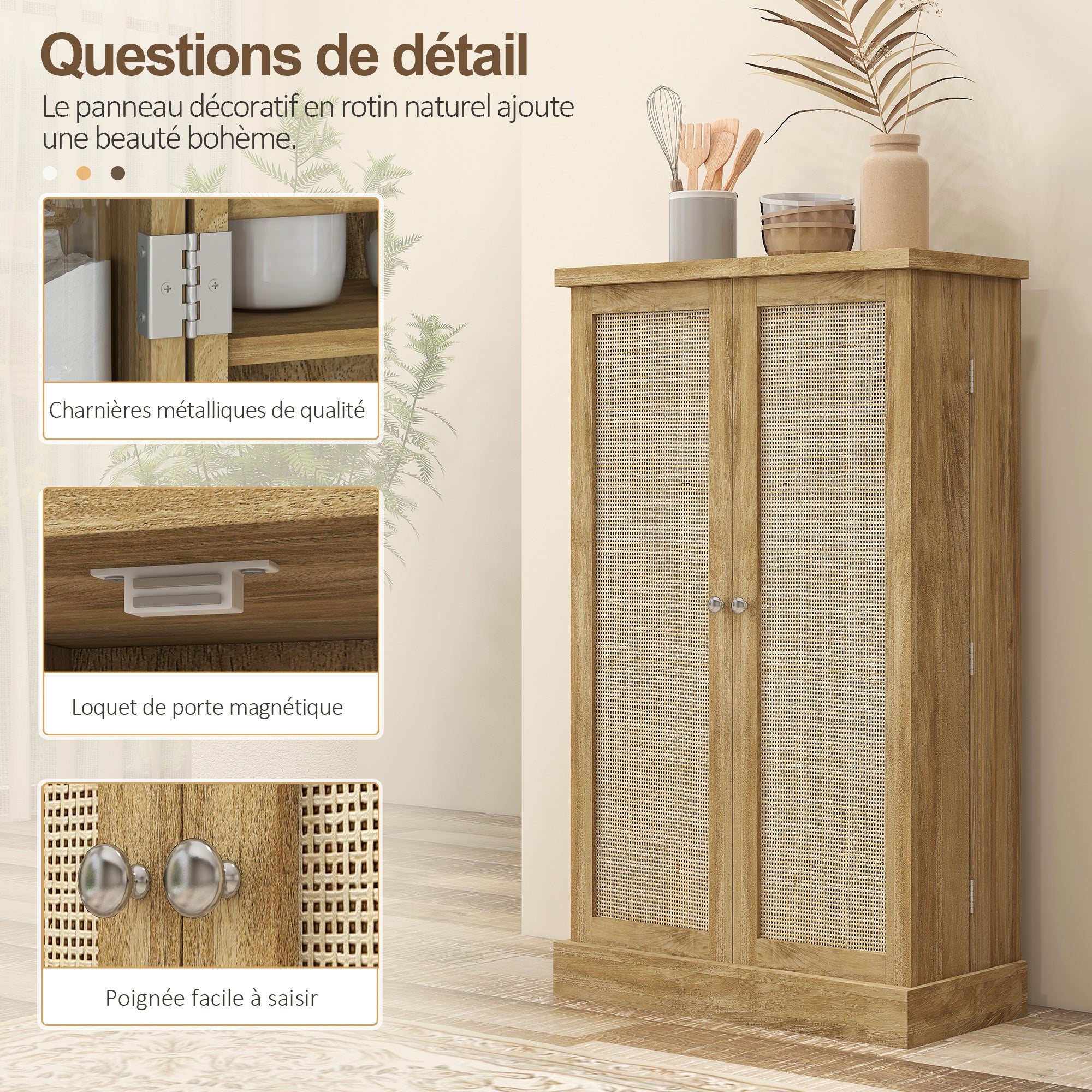 Buffet cuisine, meuble cuisine rangement, vaisselier moderne avec 12 étagères à portes, étagères réglables et double porte en rotin, pour salle à manger, salon, 60x30x104cm, effet bois naturel