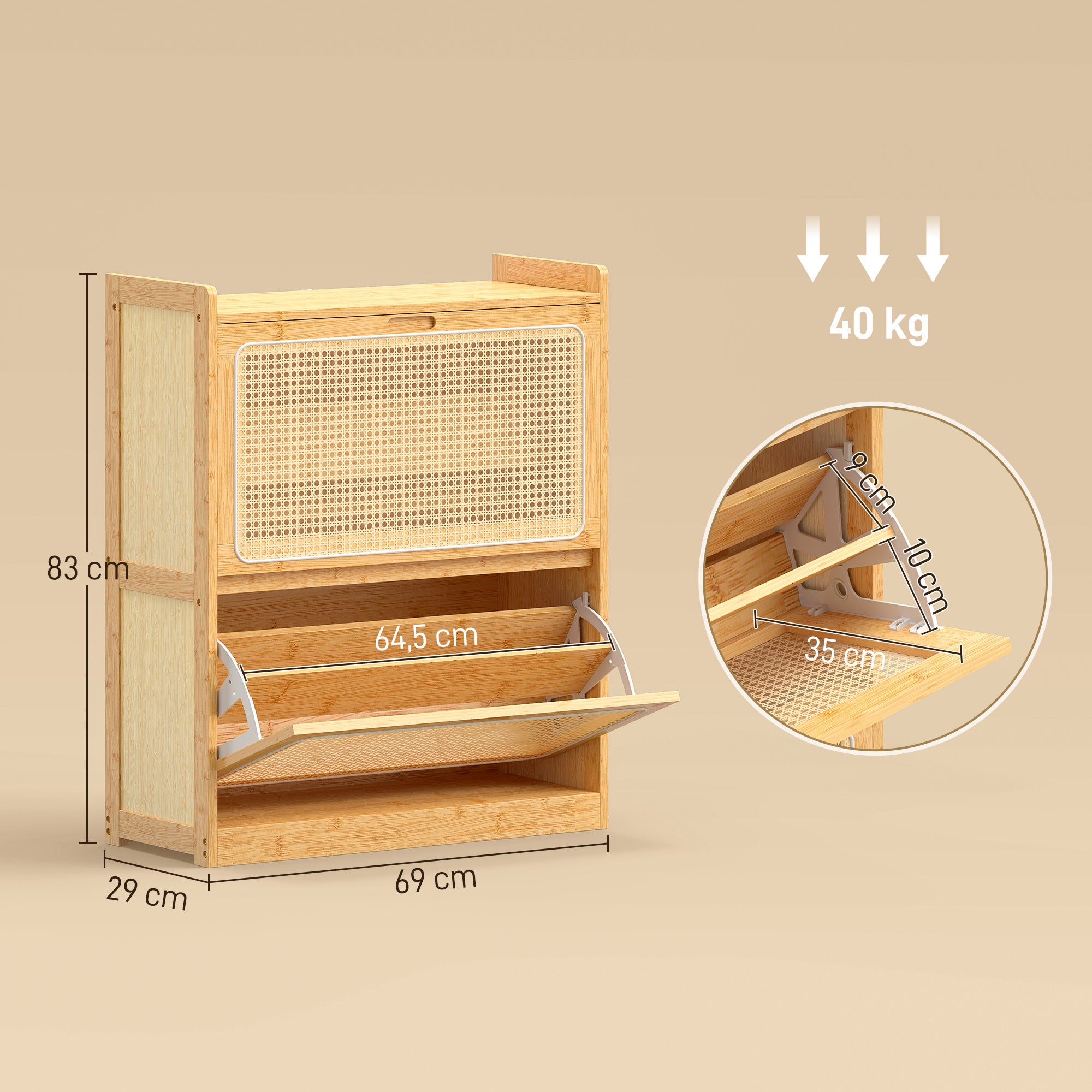 Meuble à chaussures 14 paires en bambou, armoire à chaussures étroite avec 2 tiroirs rabattables et étagères réglables, style bohème, pour couloir, entrée, 69 x 29 x 83 cm, bois naturel