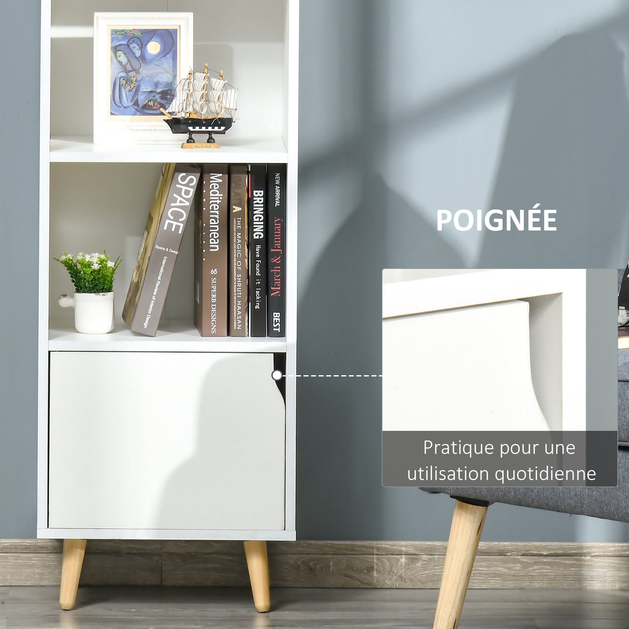 Bibliothèque étagère Rangement Colonne pour Salon, Salle de Bain Blanc en Bois dim. 40L x 30l x 130H cm