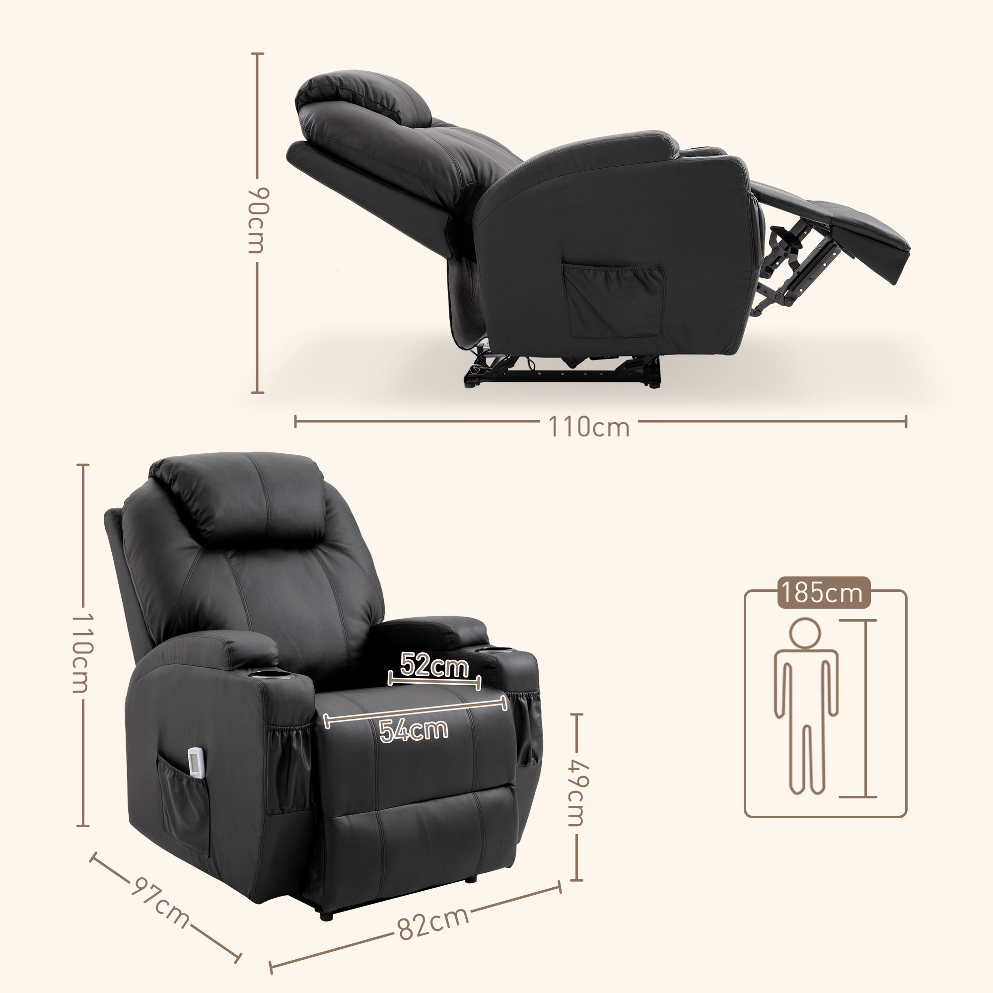Fauteuil de Massage Inclinable, Chaise de Relaxation avec dossier et repose-pied électrique réglables revêtement synthétique pour Salon, Chambre, Cinéma Maison Noir
