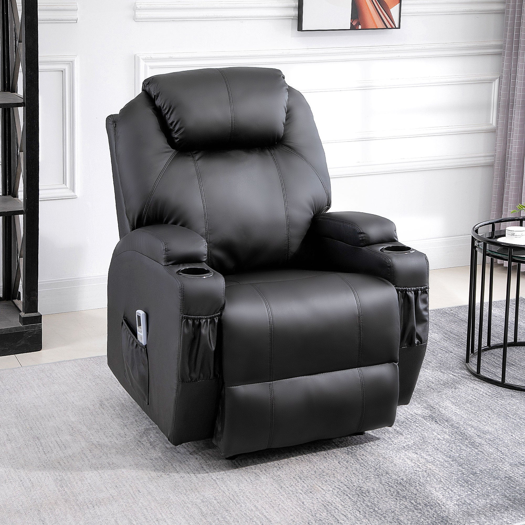 Fauteuil de Massage Inclinable, Chaise de Relaxation avec dossier et repose-pied électrique réglables revêtement synthétique pour Salon, Chambre, Cinéma Maison Noir