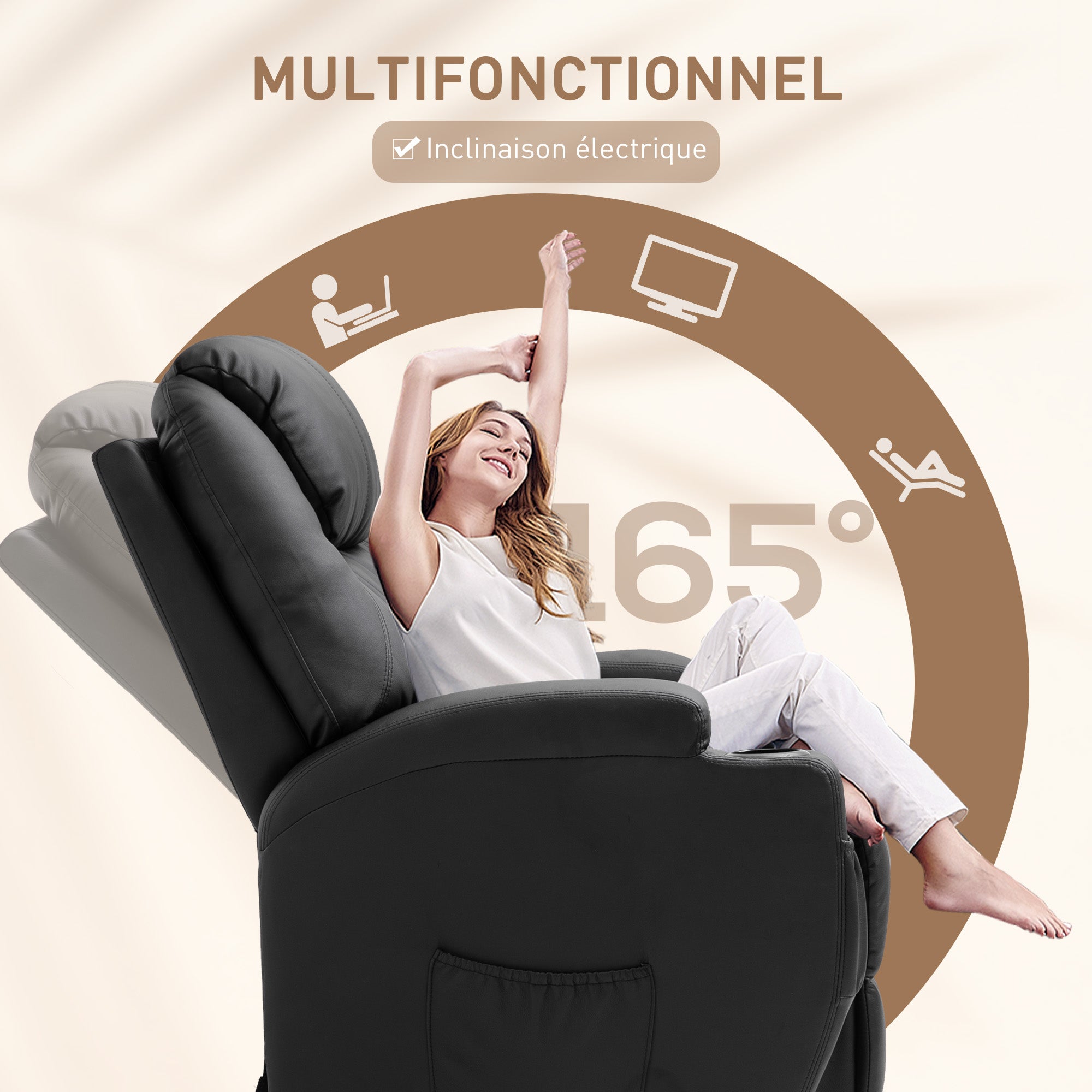 Fauteuil de Massage Inclinable, Chaise de Relaxation avec dossier et repose-pied électrique réglables revêtement synthétique pour Salon, Chambre, Cinéma Maison Noir