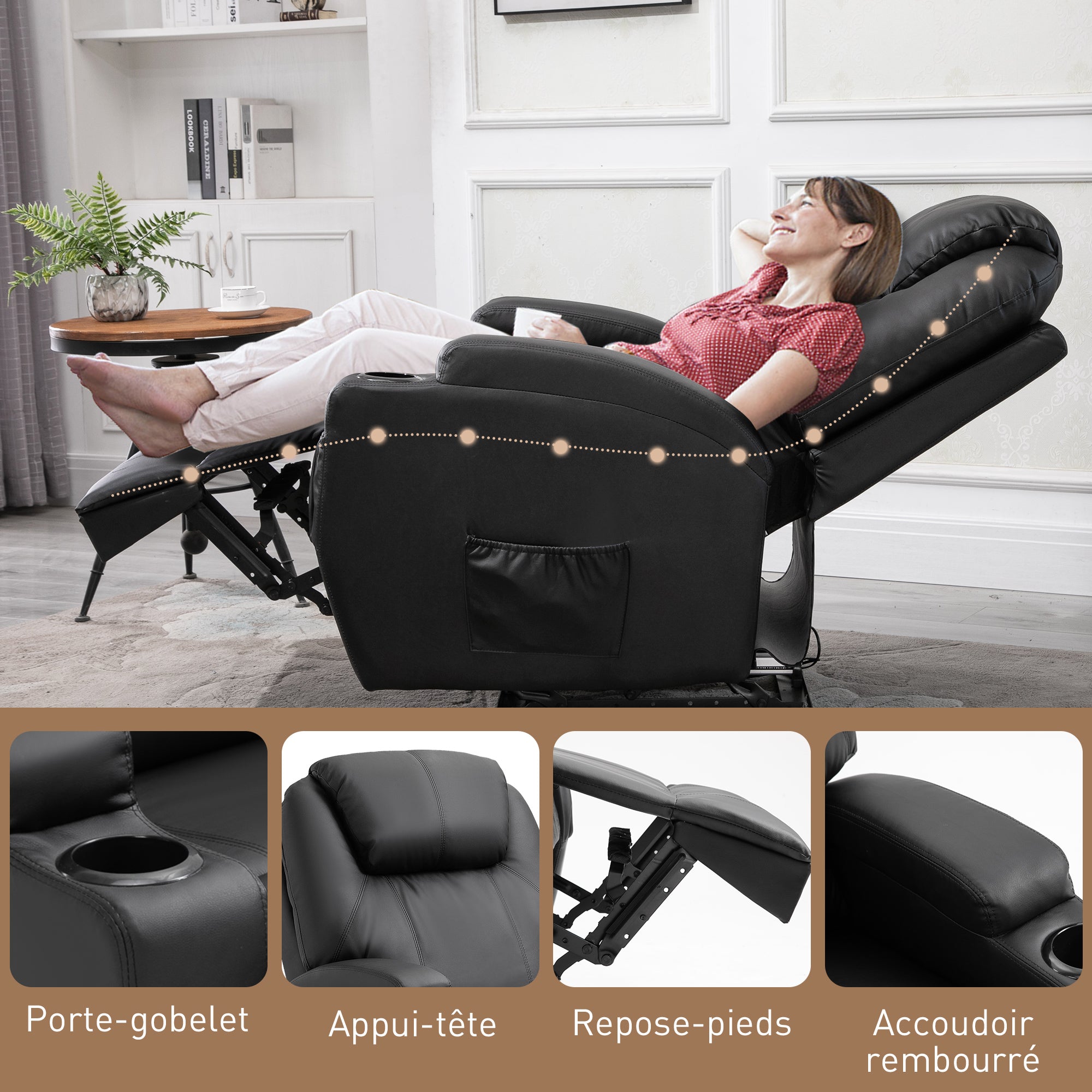 Fauteuil de Massage Inclinable, Chaise de Relaxation avec dossier et repose-pied électrique réglables revêtement synthétique pour Salon, Chambre, Cinéma Maison Noir