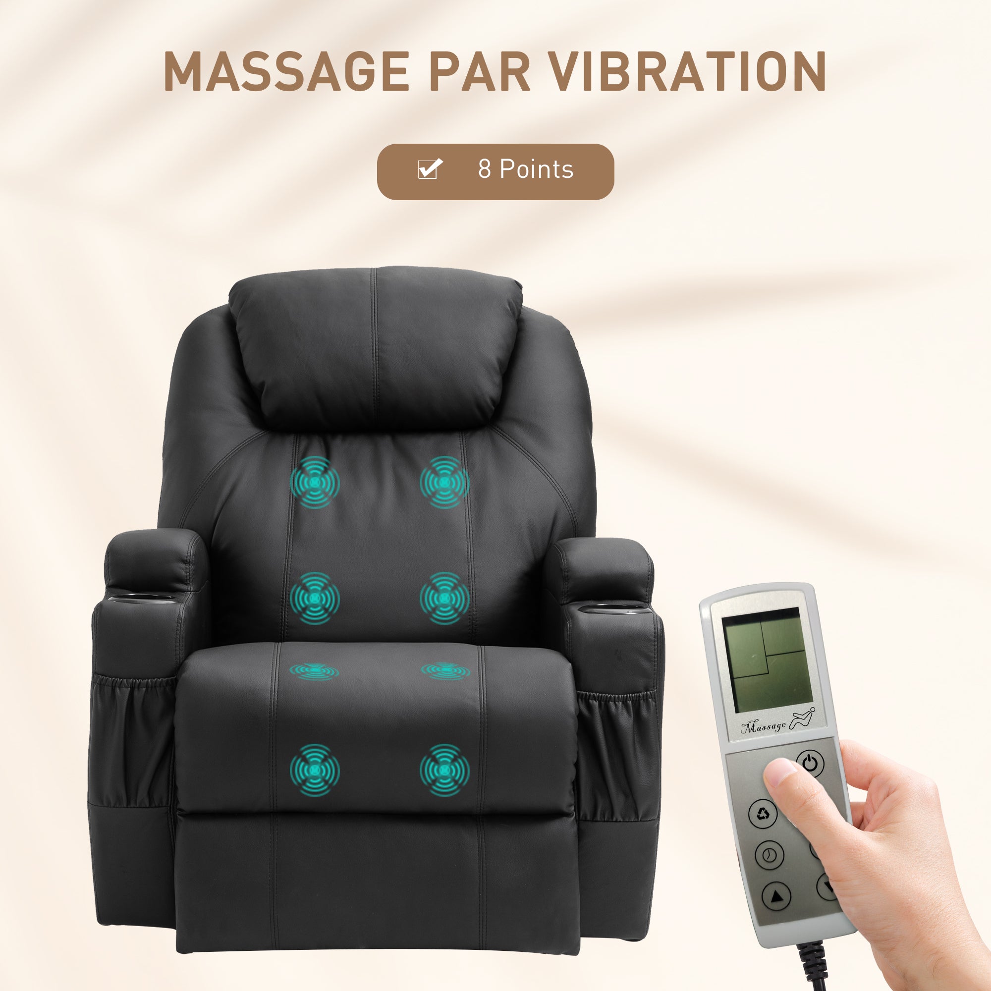 Fauteuil de Massage Inclinable, Chaise de Relaxation avec dossier et repose-pied électrique réglables revêtement synthétique pour Salon, Chambre, Cinéma Maison Noir
