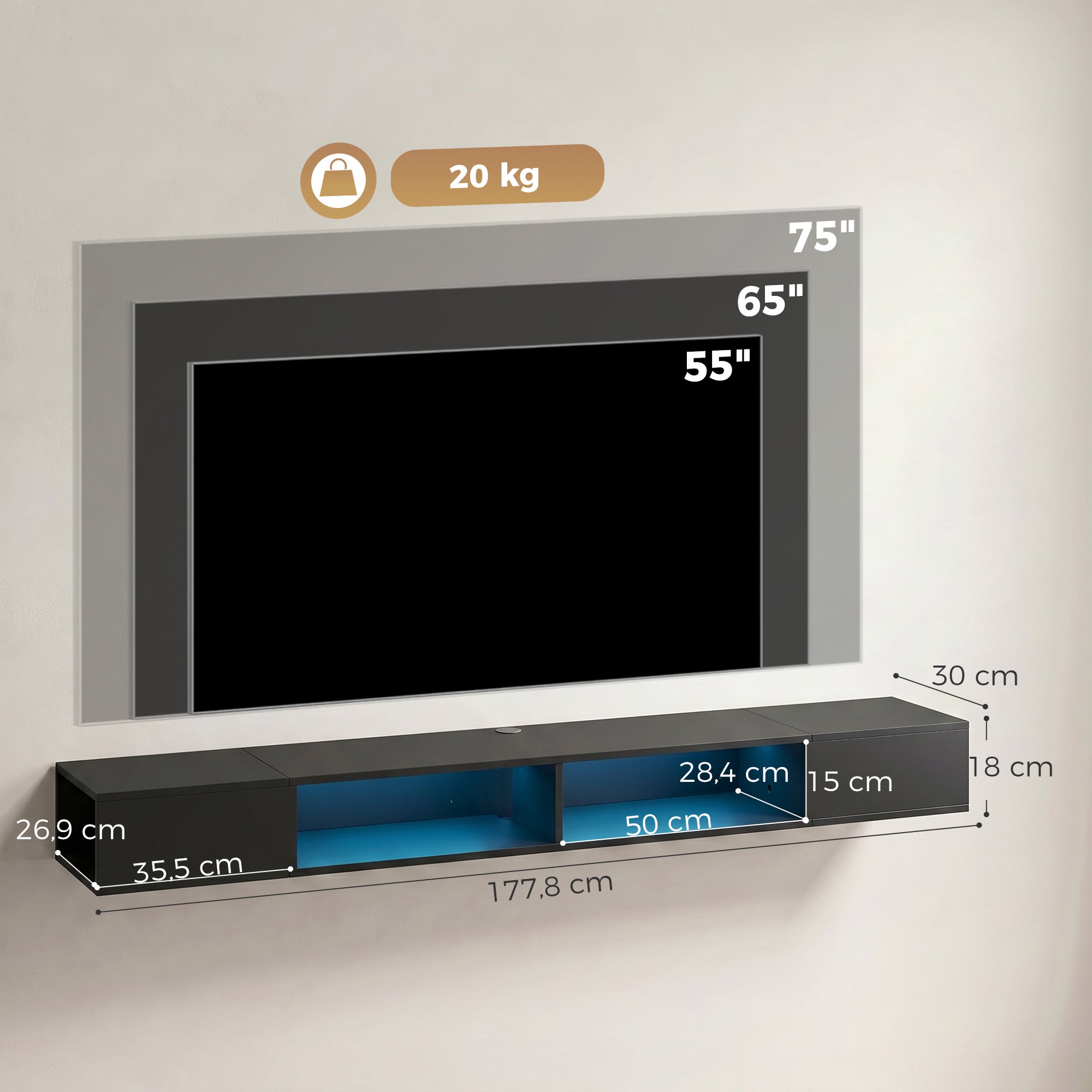 Meuble TV suspendu 180 cm avec éclairage LED RGB, meuble télé pour téléviseur jusqu'à 75 pouces avec étagères ouvertes, banc TV mural pour salon, noir