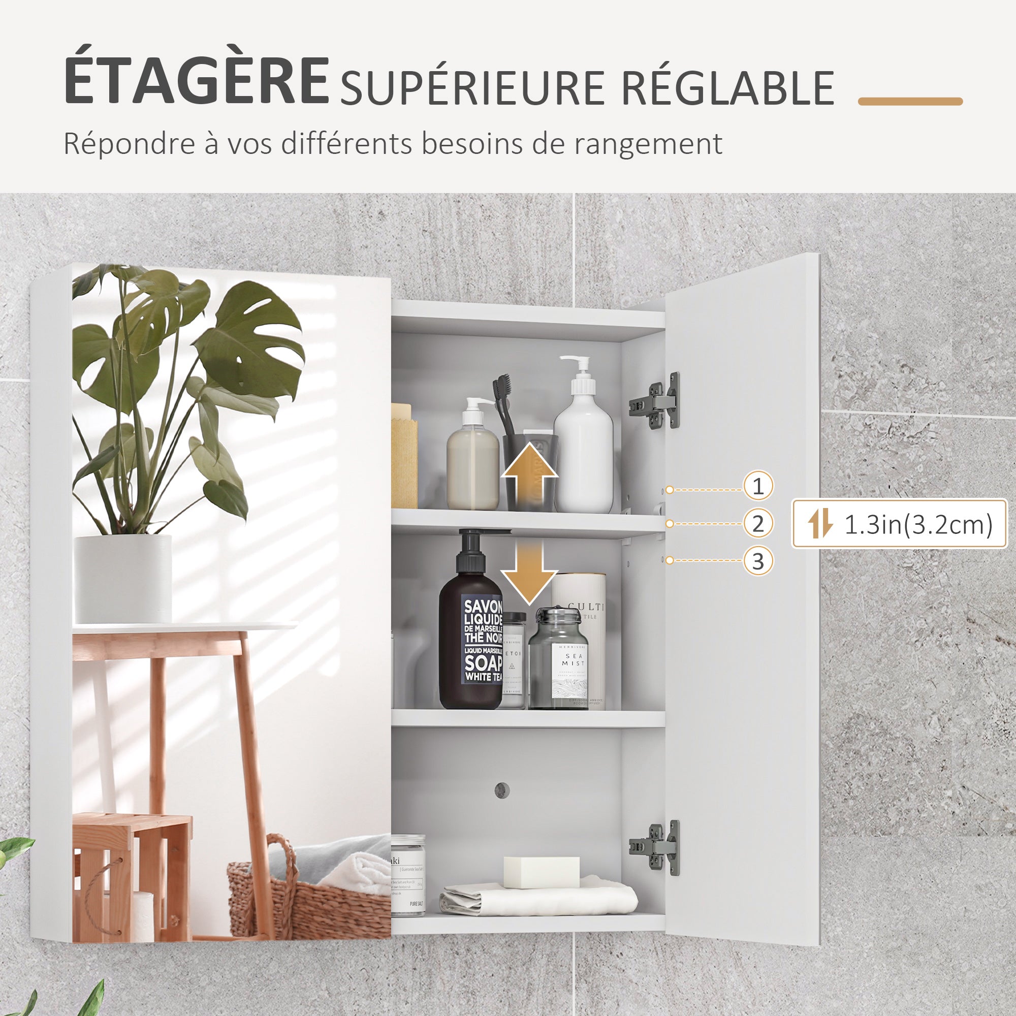 Armoire murale de salle de bain, placard de rangement, 3 niveaux, étagère réglable, 2 portes et miroirs, armoire suspendue, 60 x 15 x 60 cm, blanc