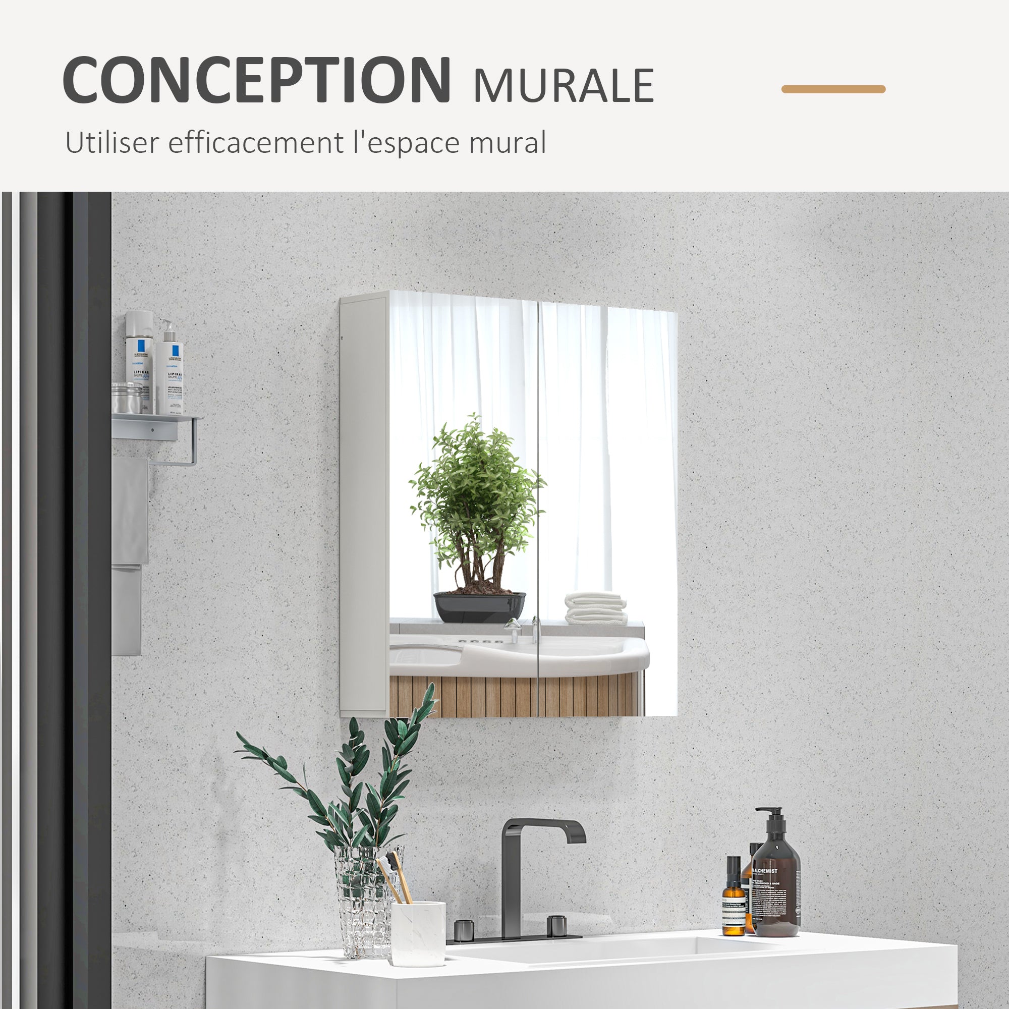 Armoire murale de salle de bain, placard de rangement, 3 niveaux, étagère réglable, 2 portes et miroirs, armoire suspendue, 60 x 15 x 60 cm, blanc