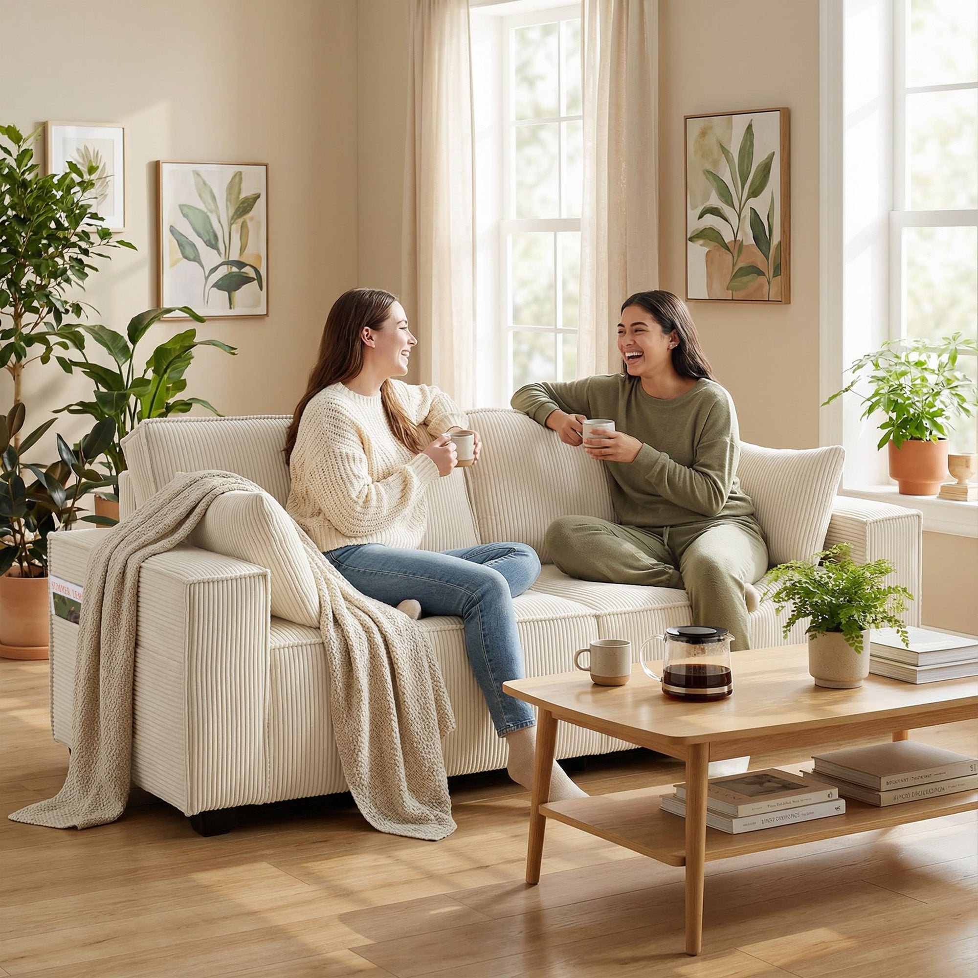 Canapé 3 places en velours côtelé 218 cm, canapé salon moderne, large assise rembourrée, coussins à ressorts, accoudoirs extra-larges, 2 coussins, poche latérale, pour salon, chambre, beige