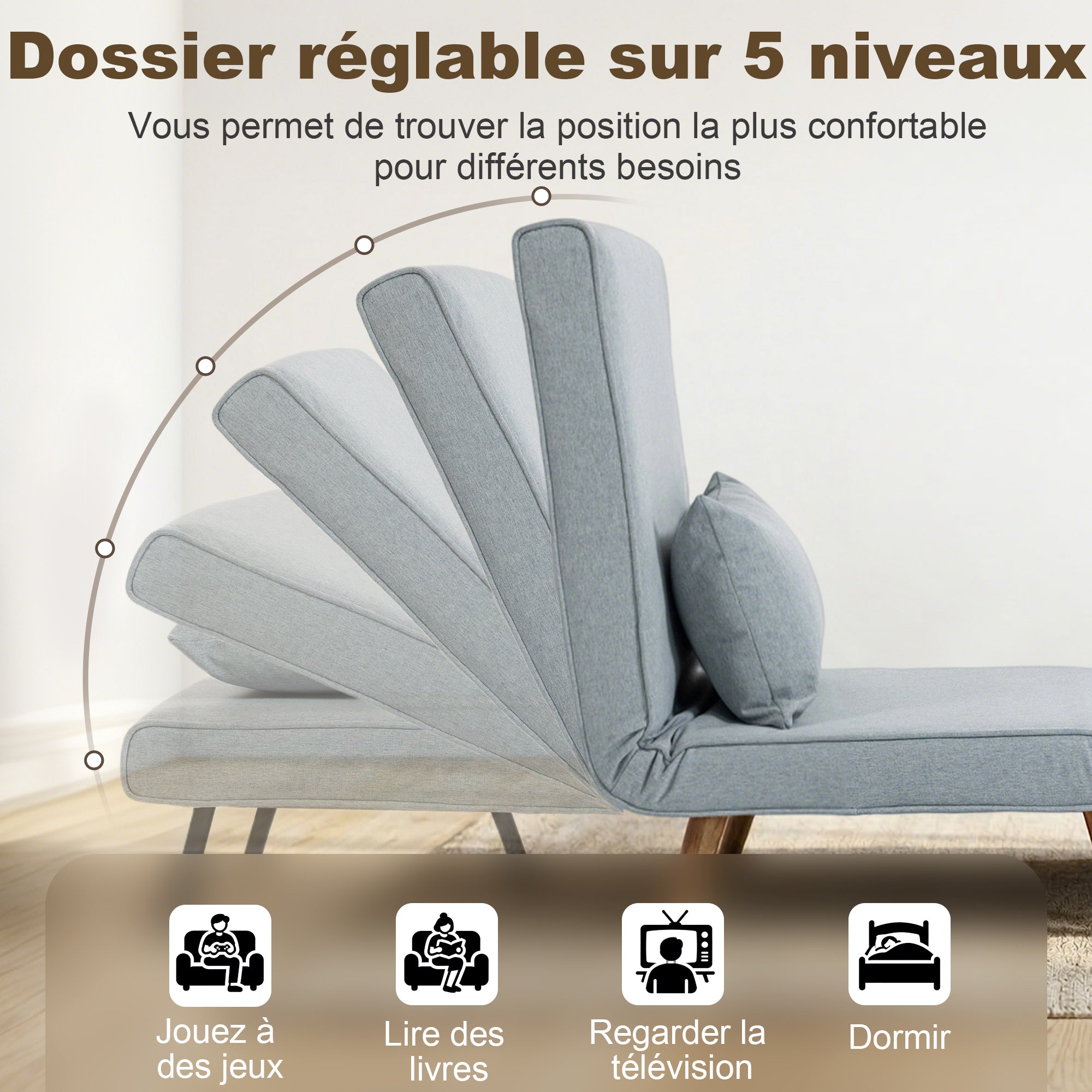 3 en 1 fauteuil convertible 1 place, fauteuil lit et chauffeuse - dossier inclinable 5 niveaux et oreiller inclus, siège rembourré - pour bureau, salon, chambre à coucher, gris clair