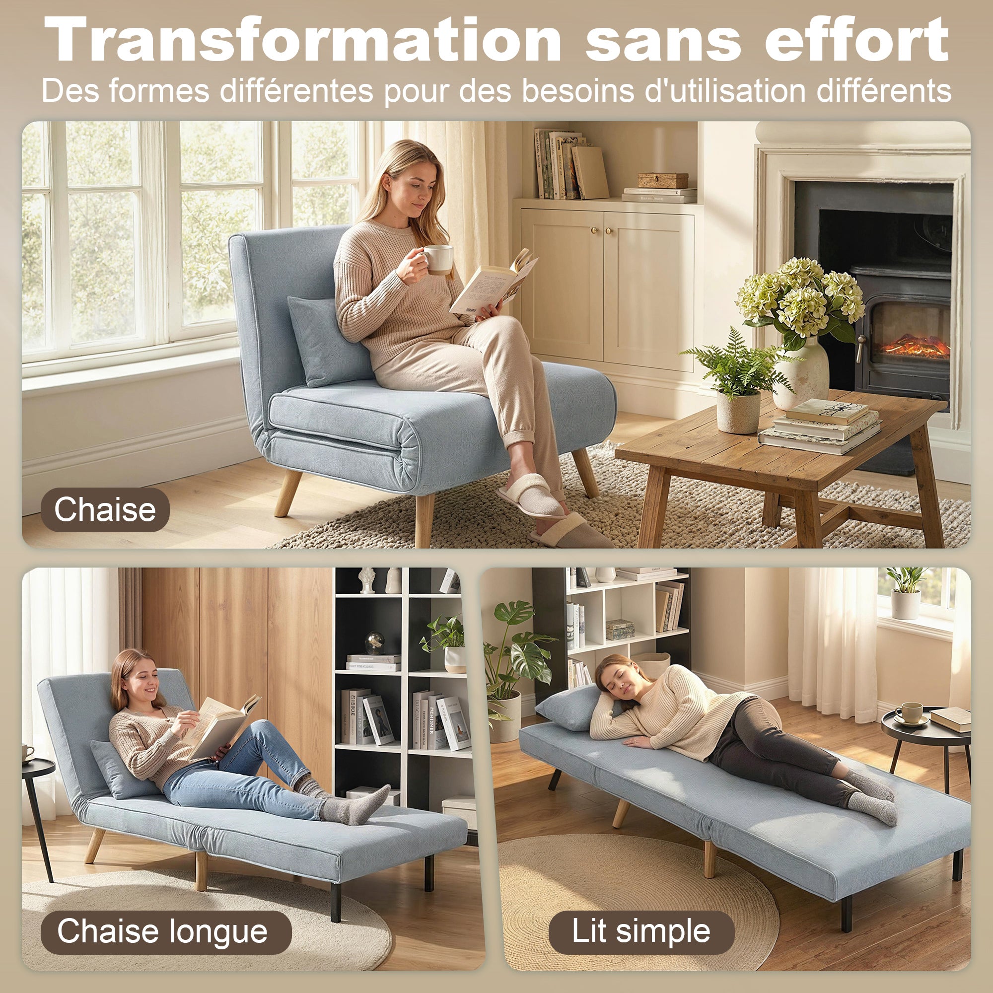 3 en 1 fauteuil convertible 1 place, fauteuil lit et chauffeuse - dossier inclinable 5 niveaux et oreiller inclus, siège rembourré - pour bureau, salon, chambre à coucher, gris clair