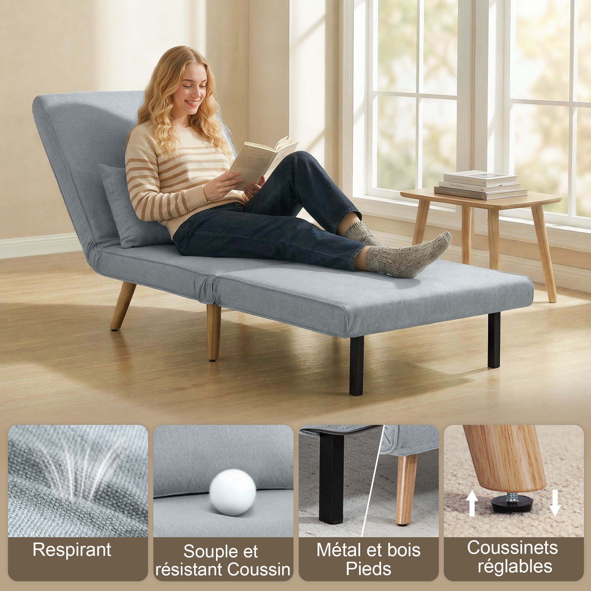 3 en 1 fauteuil convertible 1 place, fauteuil lit et chauffeuse - dossier inclinable 5 niveaux et oreiller inclus, siège rembourré - pour bureau, salon, chambre à coucher, gris clair