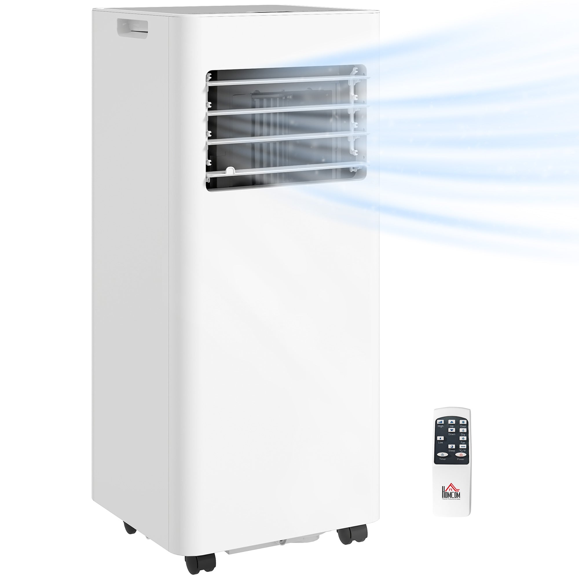 Climatiseur mobile 9000 BTU/H 2,6KW climatiseur portable 3 en 1 refroidissement, ventilateur, déshumidificateur, mode veille, minuterie 24H, 2 vitesses et télécommande, kit d'évacution, blanc