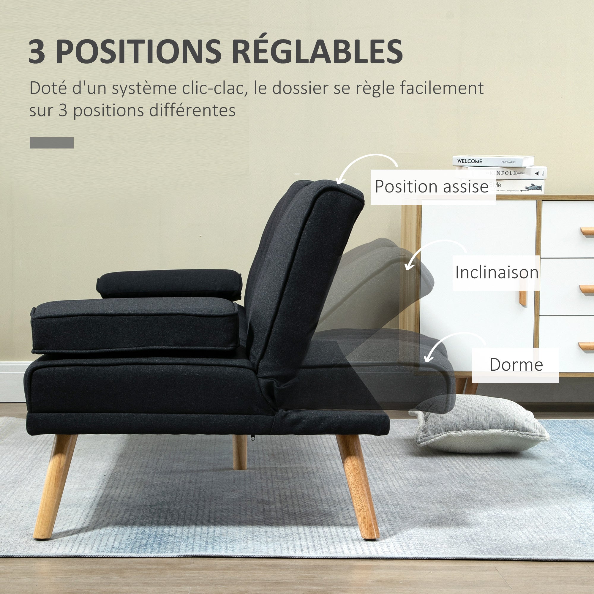 Canapé convertible 3 places design scandinave inclinaison dossier réglable 3 niveaux dossier centrale rabattable 2 porte-verres bois massif lin gris