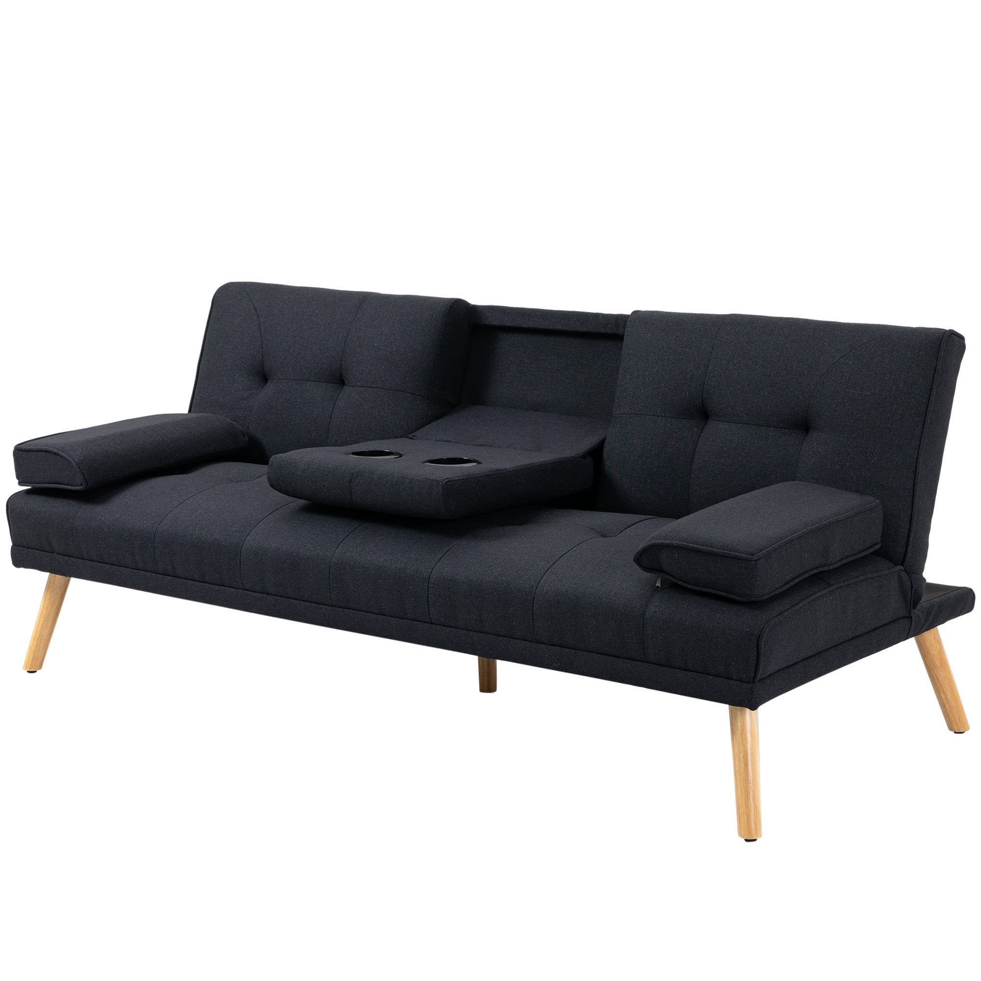 Canapé convertible 3 places design scandinave inclinaison dossier réglable 3 niveaux dossier centrale rabattable 2 porte-verres bois massif lin gris