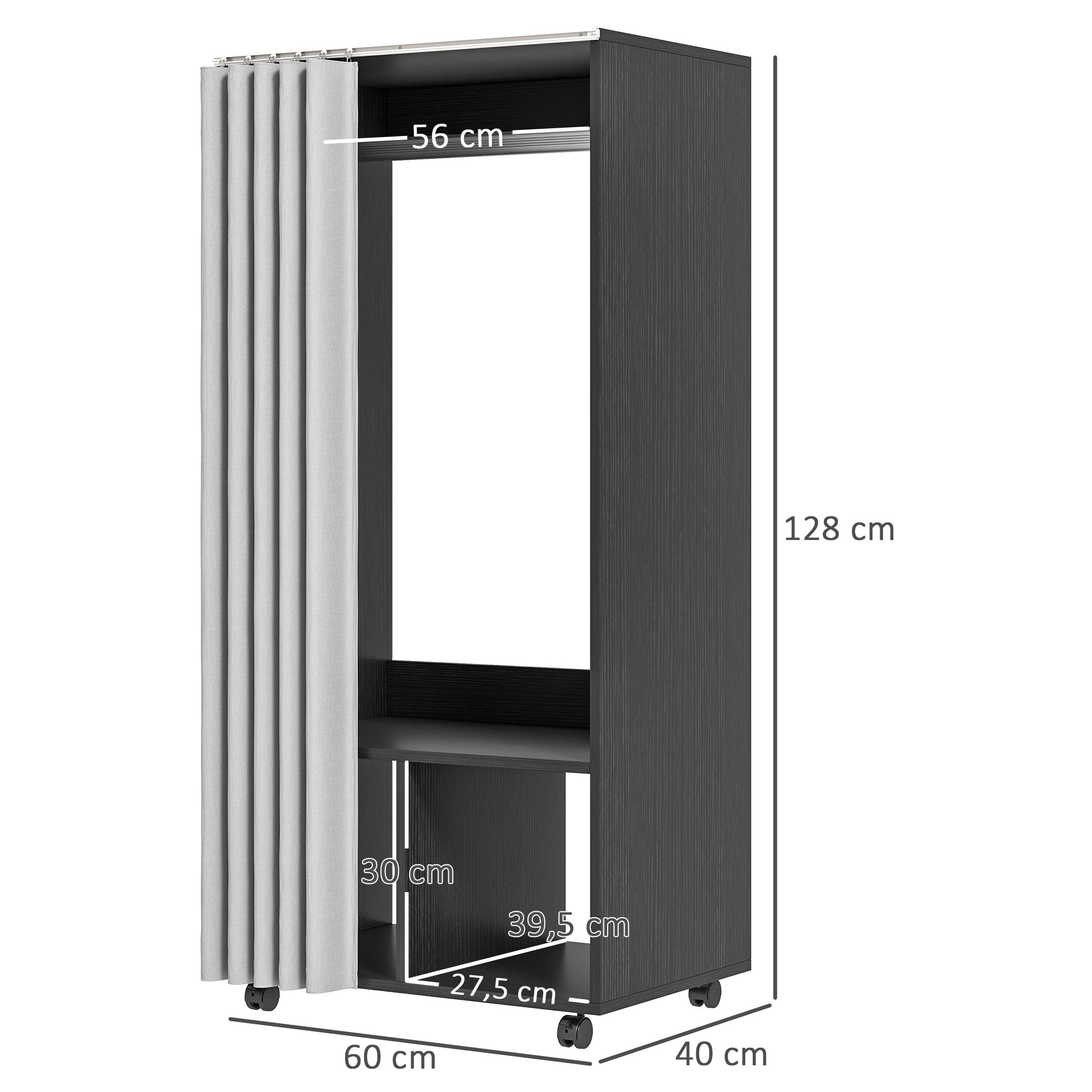 Armoire penderie mobile dressing avec rideau armoire de rangement 4 roulettes avec tringle de suspension et étagères, penderie vêtement roulant pour chambre à coucher, 60 x 40 x 128 cm, noir
