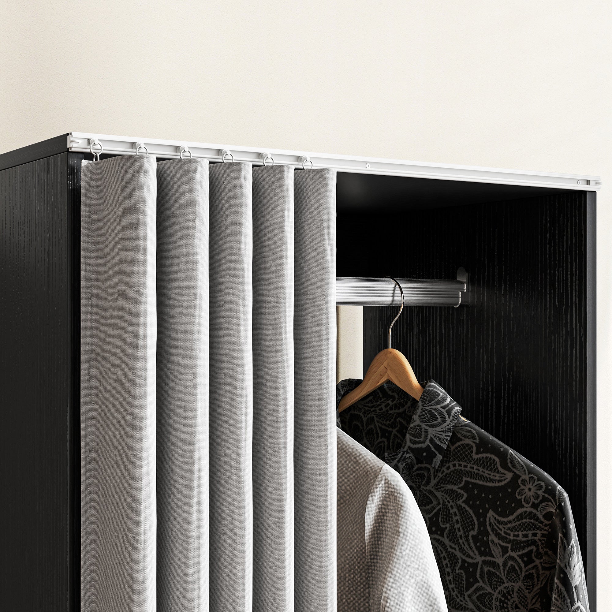 Armoire penderie mobile dressing avec rideau armoire de rangement 4 roulettes avec tringle de suspension et étagères, penderie vêtement roulant pour chambre à coucher, 60 x 40 x 128 cm, noir