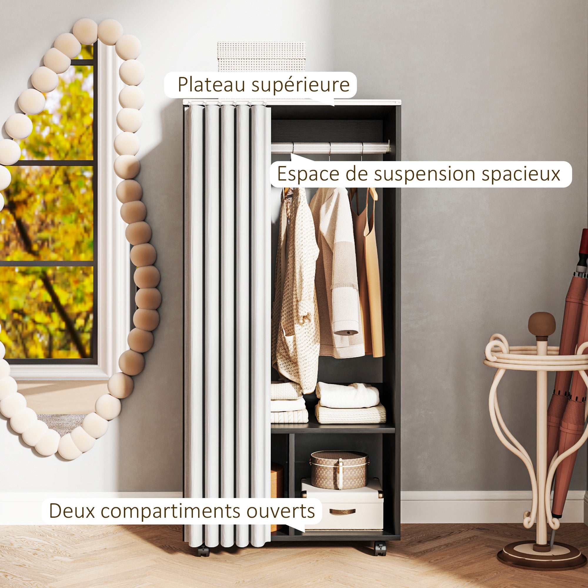 Armoire penderie mobile dressing avec rideau armoire de rangement 4 roulettes avec tringle de suspension et étagères, penderie vêtement roulant pour chambre à coucher, 60 x 40 x 128 cm, noir