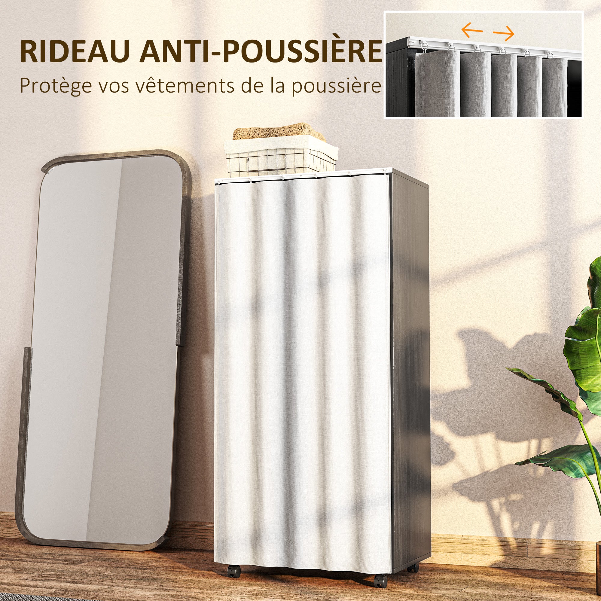 Armoire penderie mobile dressing avec rideau armoire de rangement 4 roulettes avec tringle de suspension et étagères, penderie vêtement roulant pour chambre à coucher, 60 x 40 x 128 cm, noir