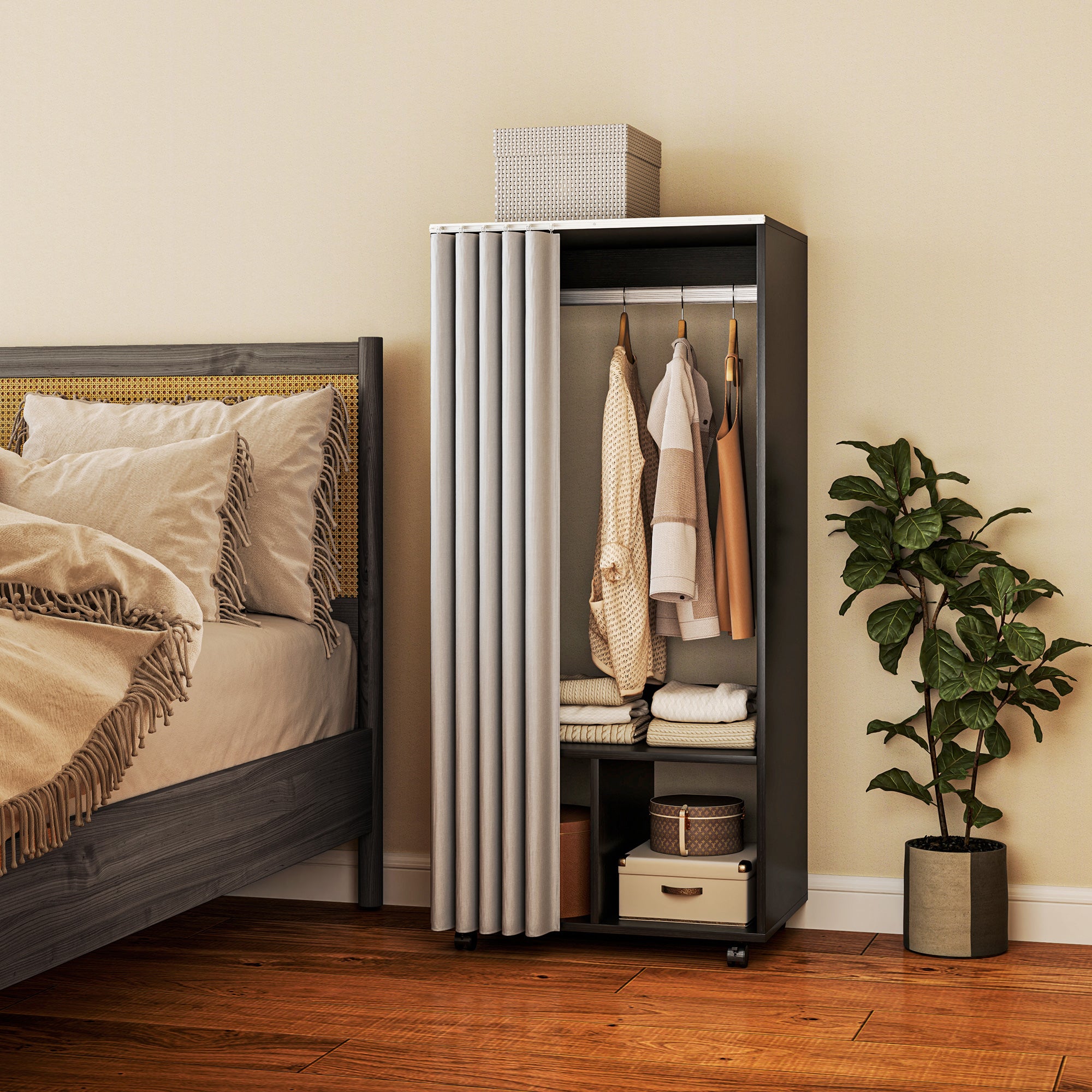 Armoire penderie mobile dressing avec rideau armoire de rangement 4 roulettes avec tringle de suspension et étagères, penderie vêtement roulant pour chambre à coucher, 60 x 40 x 128 cm, noir