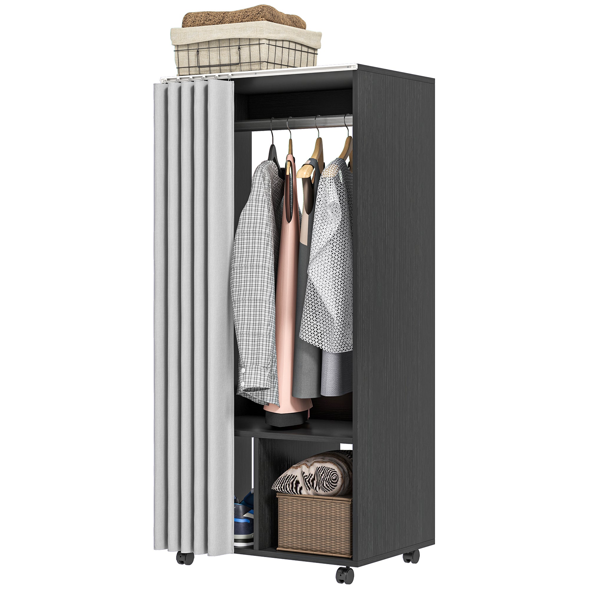 Armoire penderie mobile dressing avec rideau armoire de rangement 4 roulettes avec tringle de suspension et étagères, penderie vêtement roulant pour chambre à coucher, 60 x 40 x 128 cm, noir