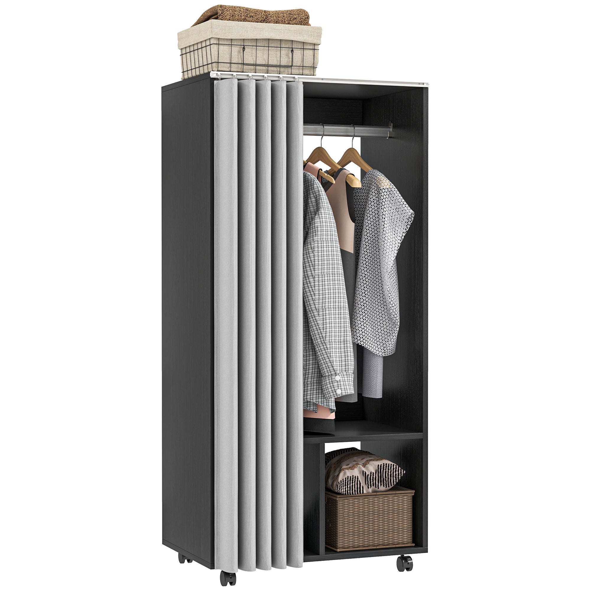 Armoire penderie mobile dressing avec rideau armoire de rangement 4 roulettes avec tringle de suspension et étagères, penderie vêtement roulant pour chambre à coucher, 60 x 40 x 128 cm, noir