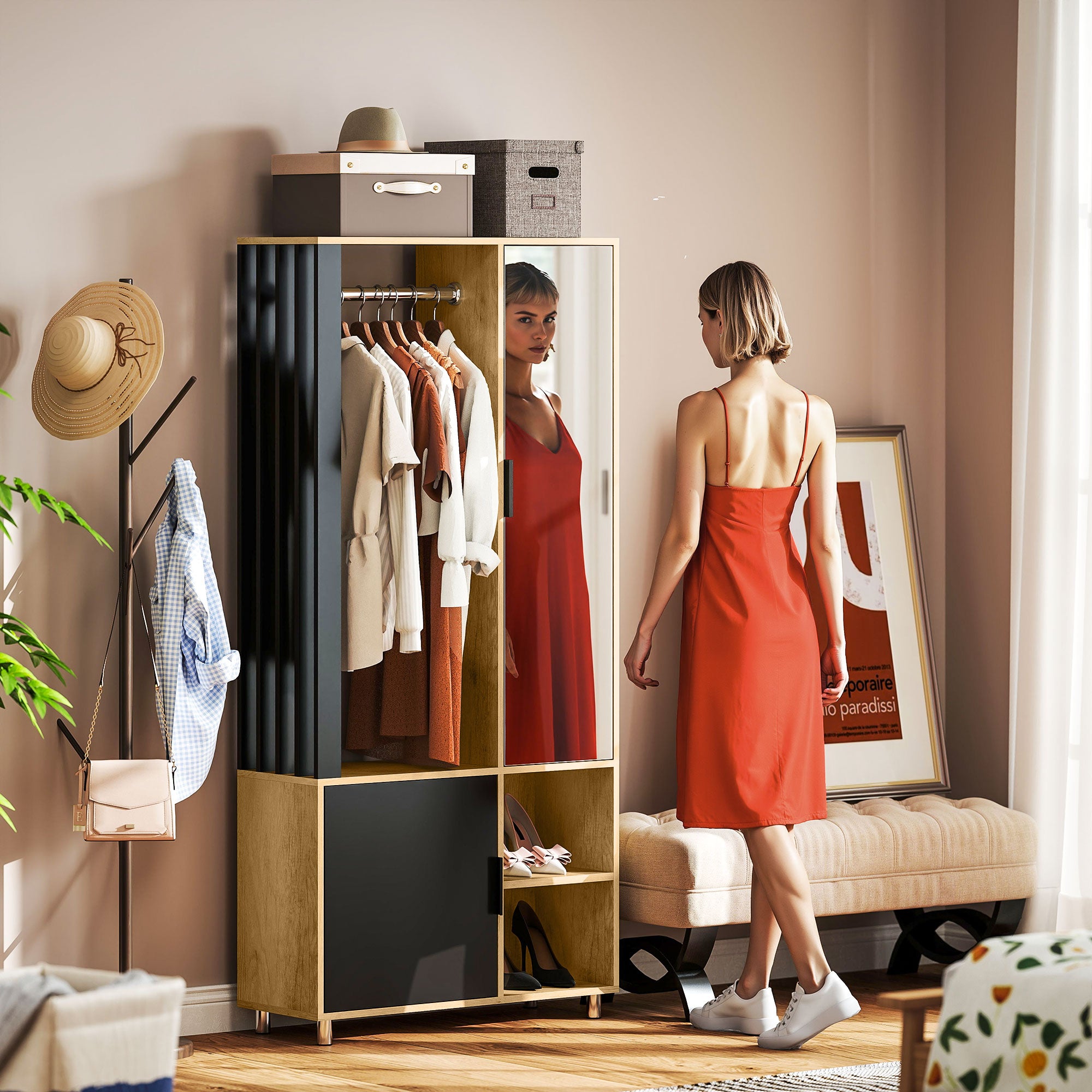 Armoire chambre penderie dressing moderne armoire de rangement avec miroir, compartiments ouverts, placard et tringle de suspension, 80 x 30 x 170 cm, bois naturel