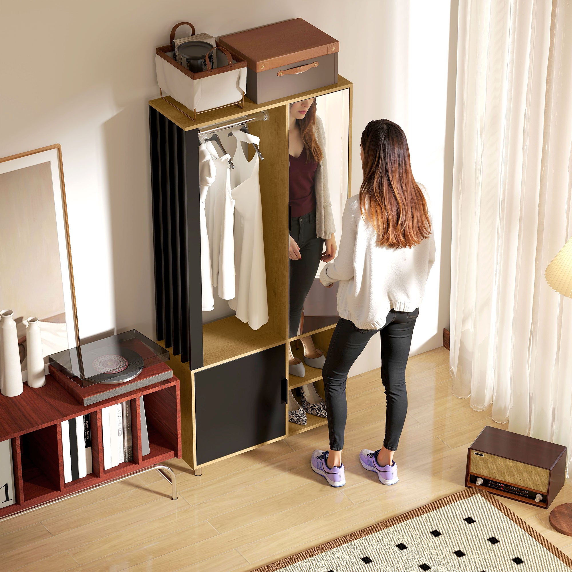 Armoire chambre penderie dressing moderne armoire de rangement avec miroir, compartiments ouverts, placard et tringle de suspension, 80 x 30 x 170 cm, bois naturel