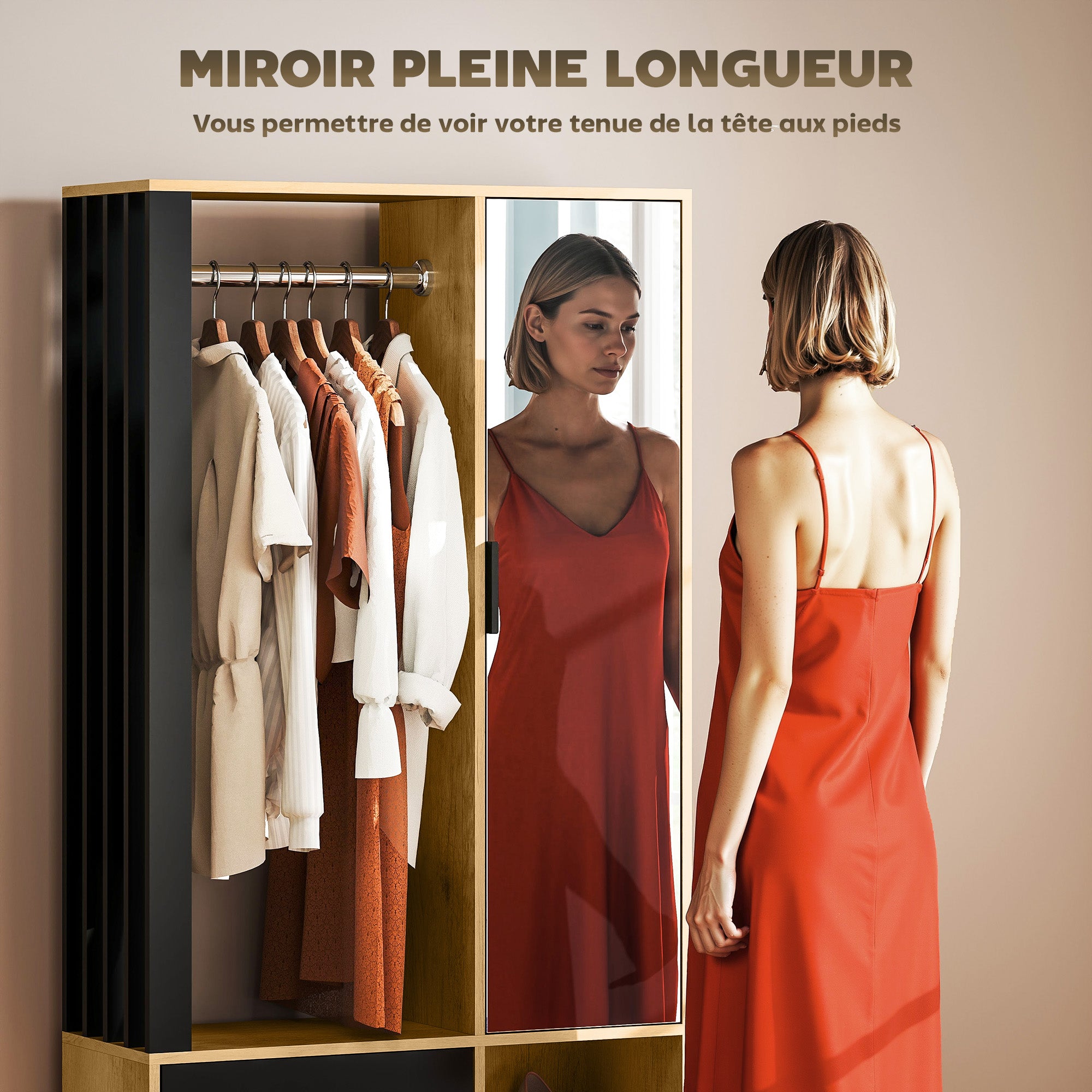 Armoire chambre penderie dressing moderne armoire de rangement avec miroir, compartiments ouverts, placard et tringle de suspension, 80 x 30 x 170 cm, bois naturel