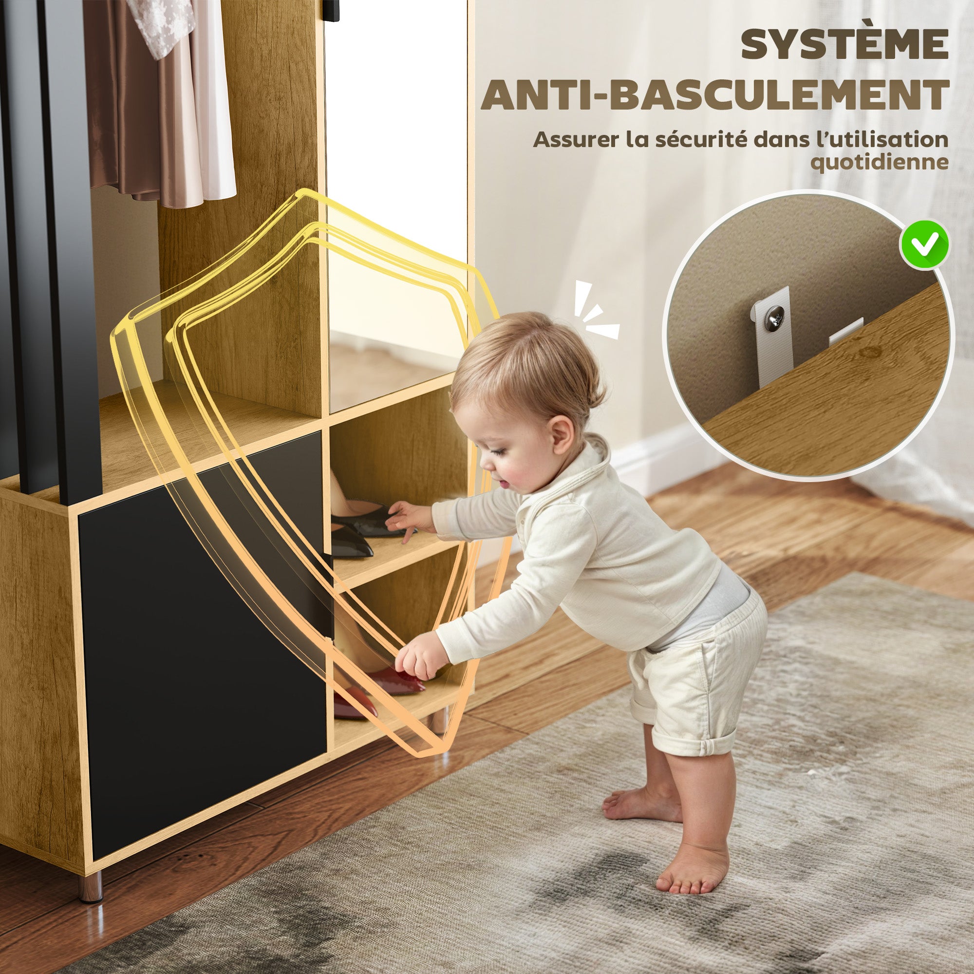 Armoire chambre penderie dressing moderne armoire de rangement avec miroir, compartiments ouverts, placard et tringle de suspension, 80 x 30 x 170 cm, bois naturel