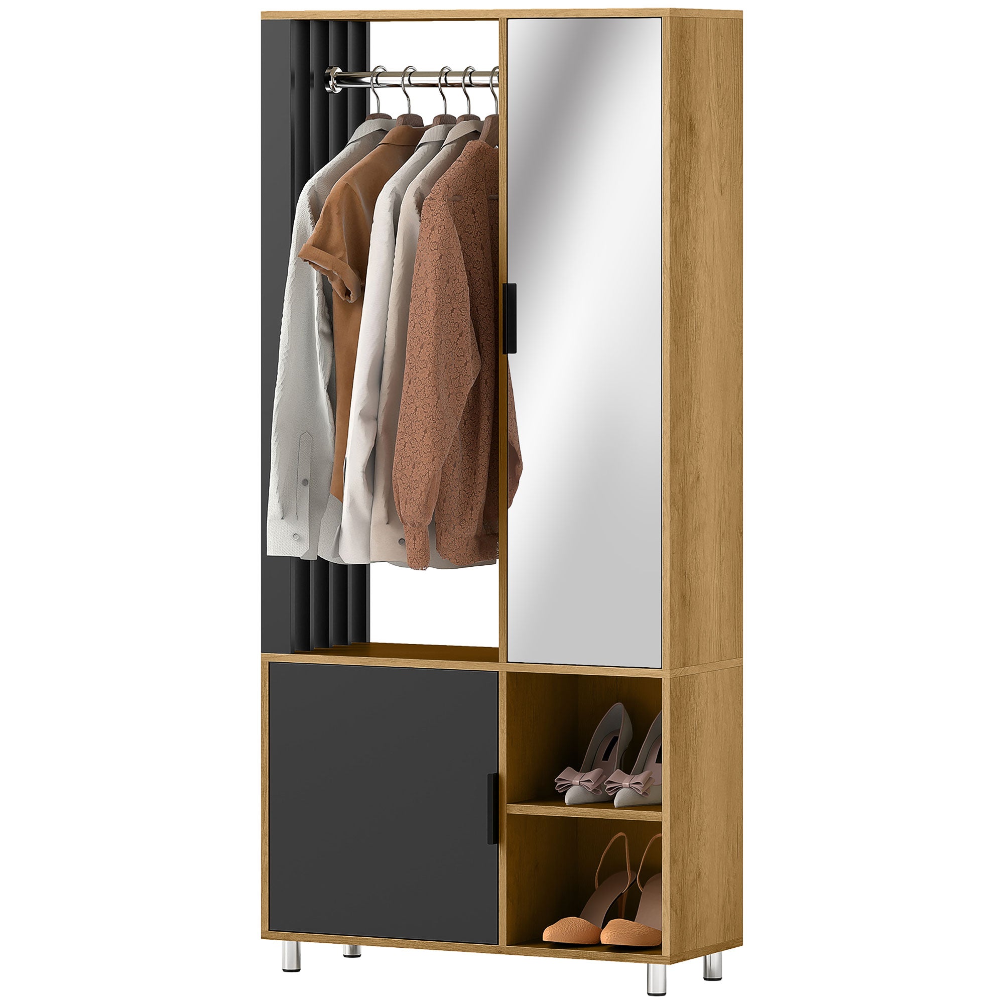 Armoire chambre penderie dressing moderne armoire de rangement avec miroir, compartiments ouverts, placard et tringle de suspension, 80 x 30 x 170 cm, bois naturel