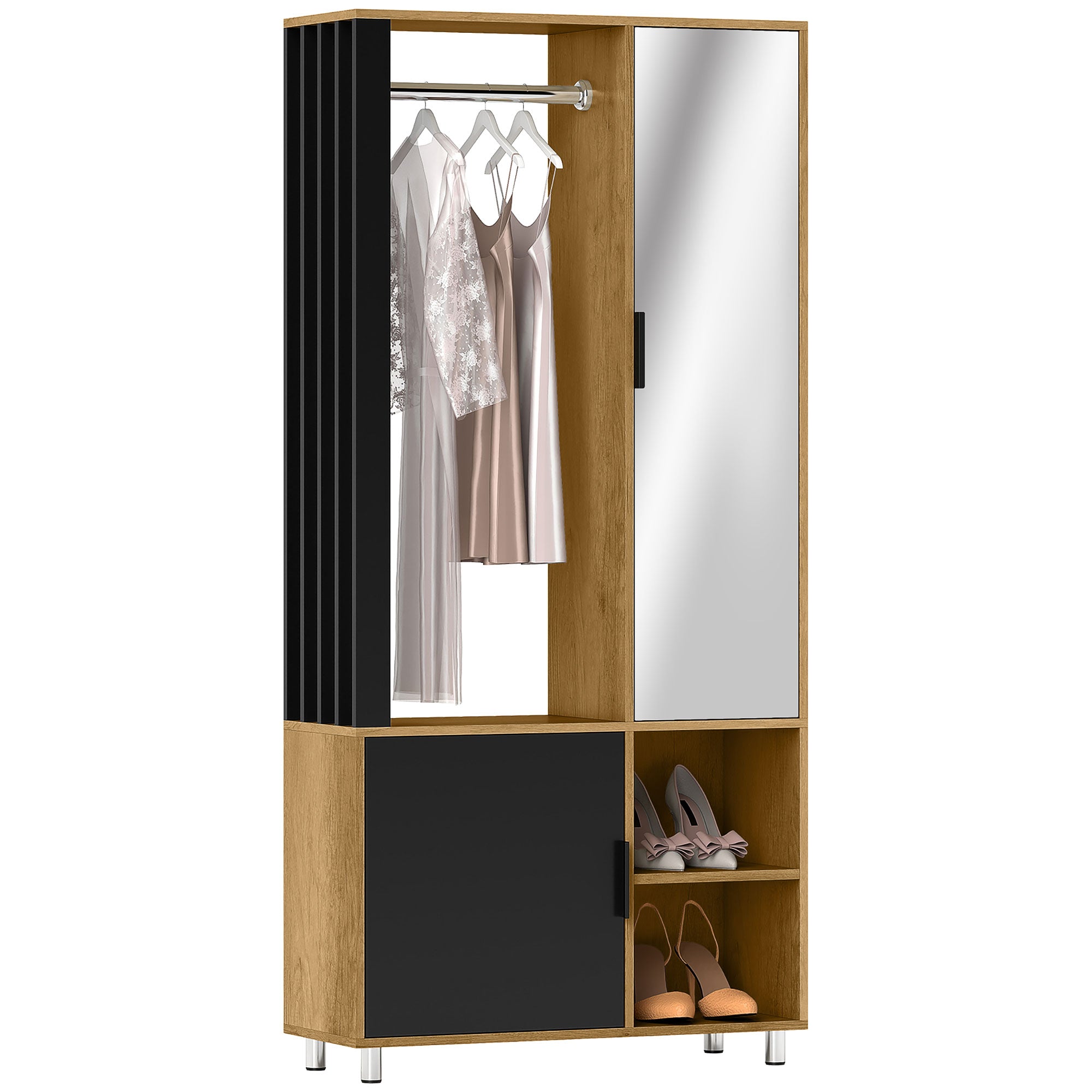 Armoire chambre penderie dressing moderne armoire de rangement avec miroir, compartiments ouverts, placard et tringle de suspension, 80 x 30 x 170 cm, bois naturel