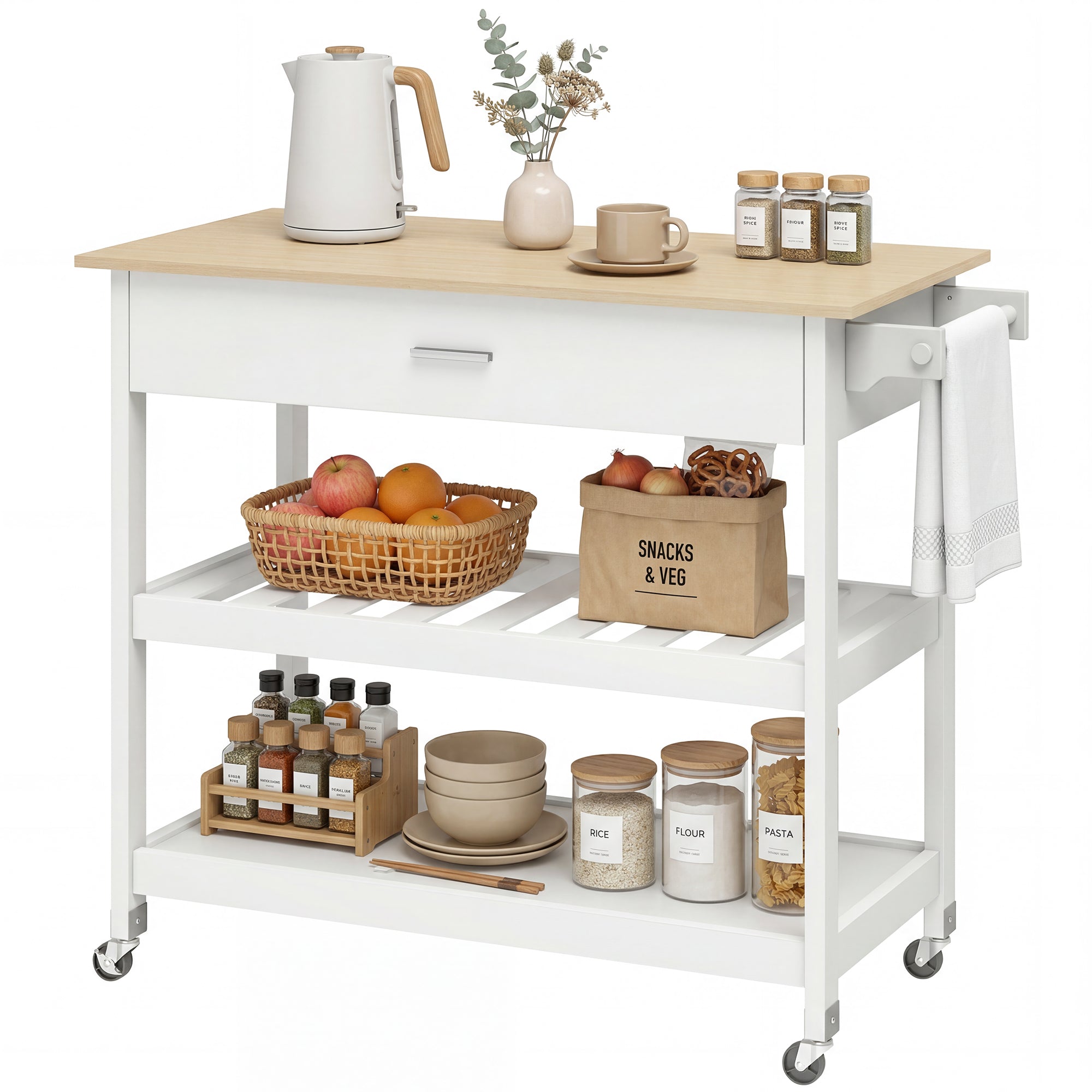 Desserte de cuisine à roulettes, îlot central cuisine avec plan de travail, tiroir, étagères, porte-serviettes, chariot de rangement pour salle à manger, 108,8 x 51 x 92,5 cm, blanc