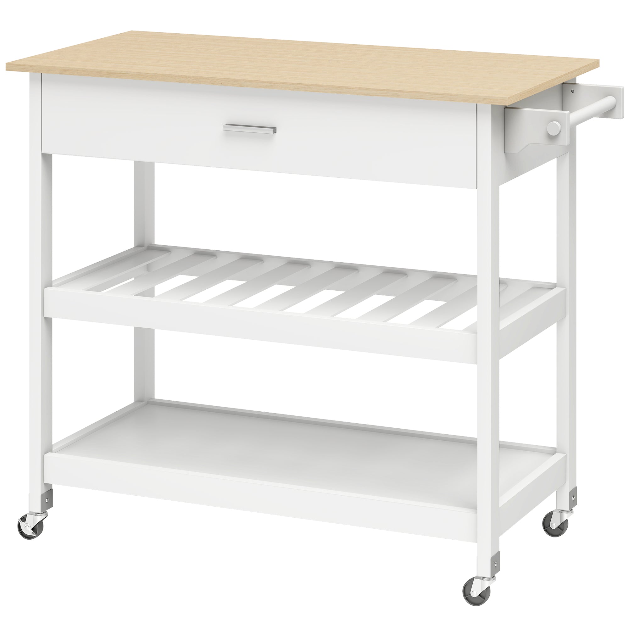 Desserte de cuisine à roulettes, îlot central cuisine avec plan de travail, tiroir, étagères, porte-serviettes, chariot de rangement pour salle à manger, 108,8 x 51 x 92,5 cm, blanc