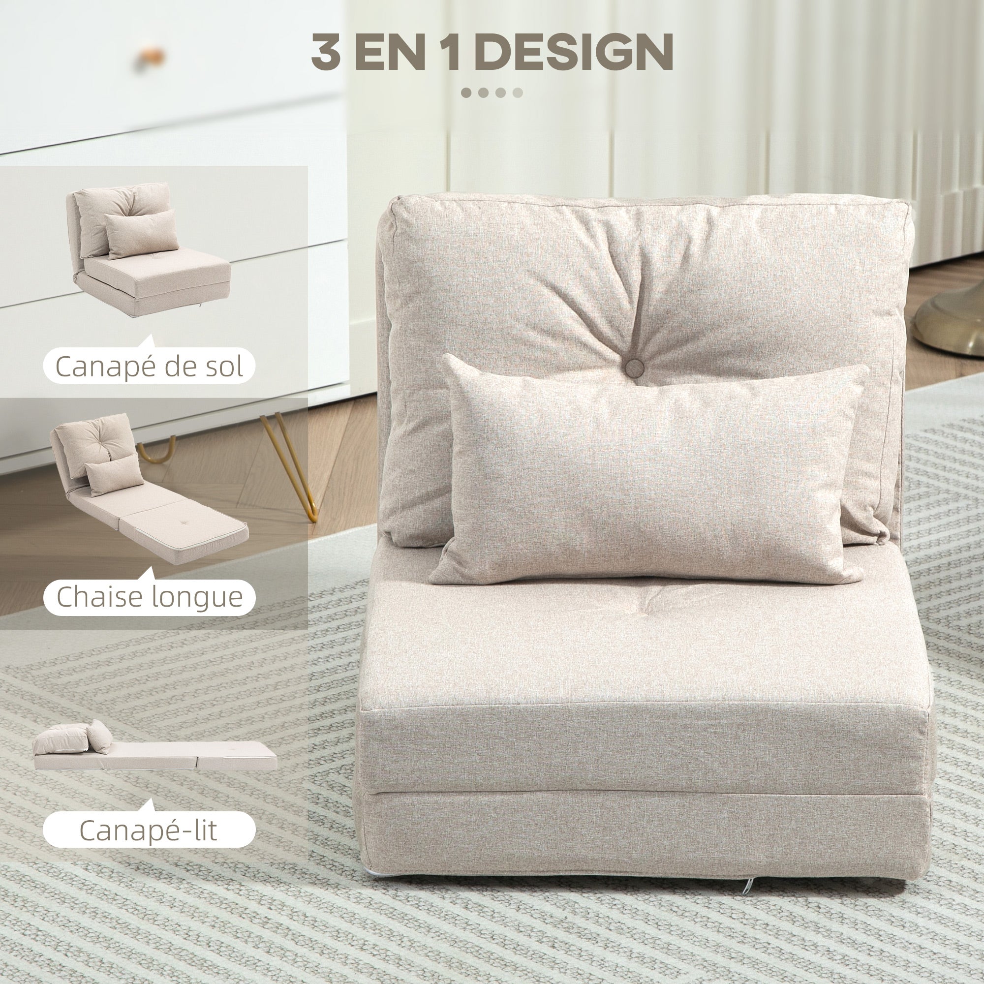 Fauteuil convertible 1 place fauteuil paresseux lit chauffeuse 1 place - coussin inclus, dossier réglable - salon, charge 120 kg, tissu lin beige